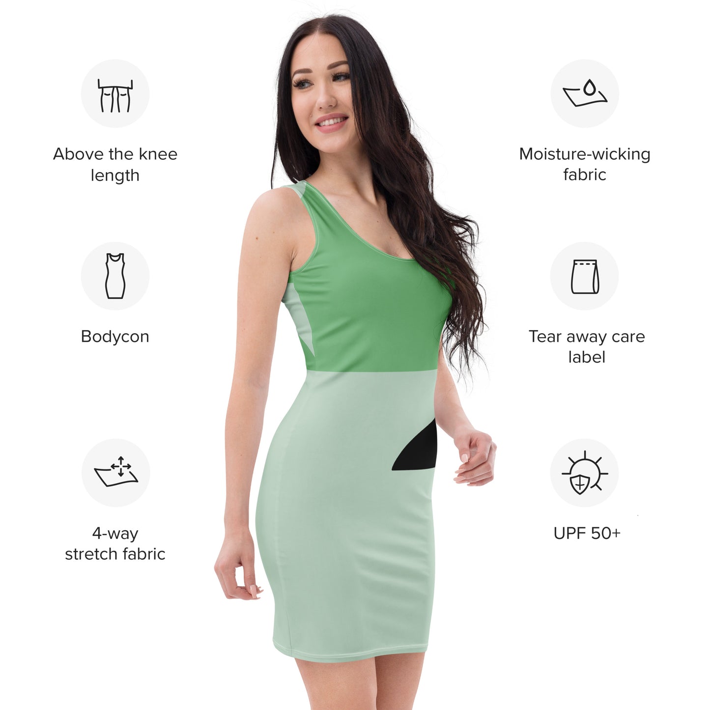Mountain Mambo bodycon dress with bold print, fitted cut, perfect for après-ski or dancing.