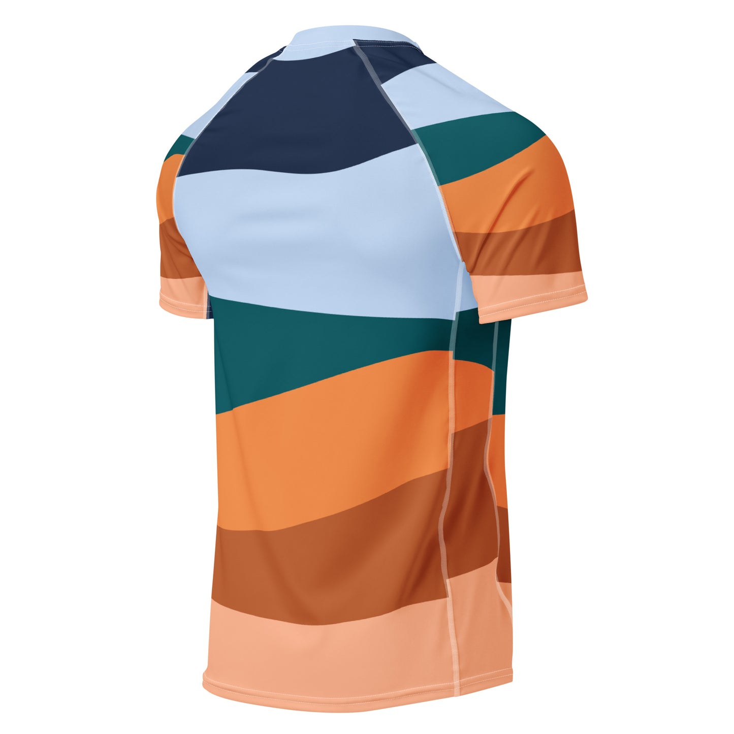 Just Boardin' All-Over Print Men's Rash Guard featuring Surf Board with Palm Tree Image and wee b00gie logo - High-Performance Polyester-Spandex Blend with UPF Sun Protection - Athletic Fit with Flatlock Seams and Long Sleeves - Perfect for Surfing, Swimming and Water Sports - wee b00gie store