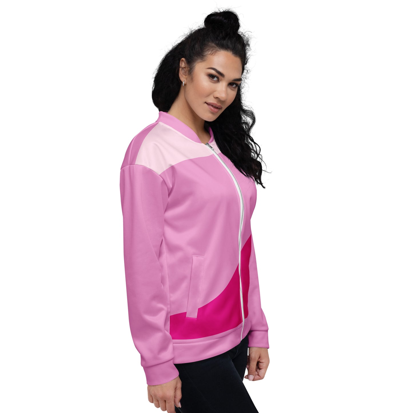 Cha Cha Chick Bridal Bomber Jacket in Pink Hues featuring Hen Image and Cha Cha Chick Text on Back - Lightweight Polyester Shell with Ribbed Cuffs and Hem - Relaxed Fit with Full Zip Closure - Perfect for Hen Parties and Bridal Celebrations - wee b00gie store