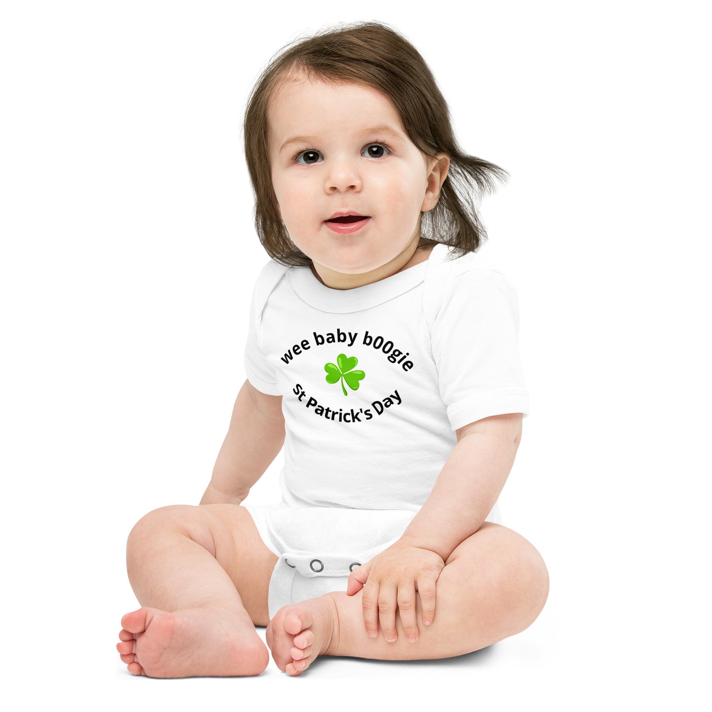 St Patrick's Day Baby Short Sleeve One Piece with wee baby b00gie logo - 100% Ring-Spun Cotton with Envelope Neckline and Three-Snap Closure - Comfortable Side-Seamed Construction - Perfect for Holiday Celebrations and Everyday Comfort - wee b00gie store