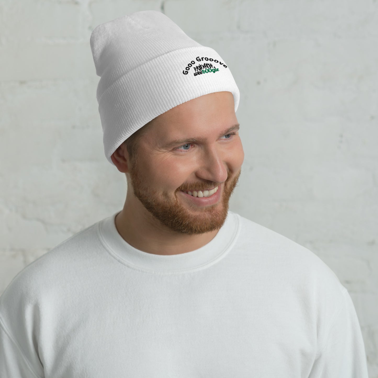 Gooo Grooove Cuffed Beanie in White - stylish winter hat with black and green logo - snug form-fitting knit beanie for dancers and festival-goers - warm headwear for cool weather dancing and outdoor events - wee b00gie store.