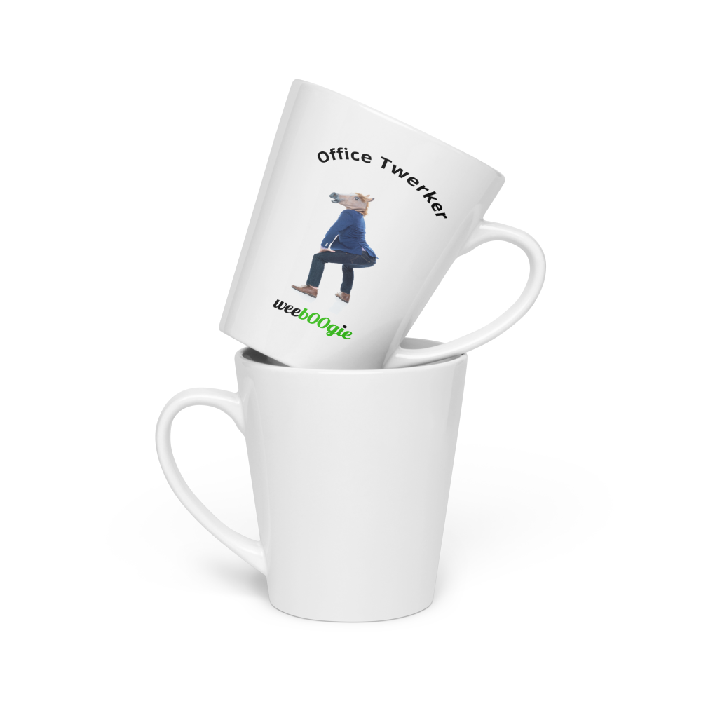 Office Twerker Horse Latte Mug featuring male office worker with horse mask twerking - funny workplace humor gift - microwave and dishwasher safe ceramic coffee cup - perfect for coworkers with playful sense of humor - wee b00gie store.