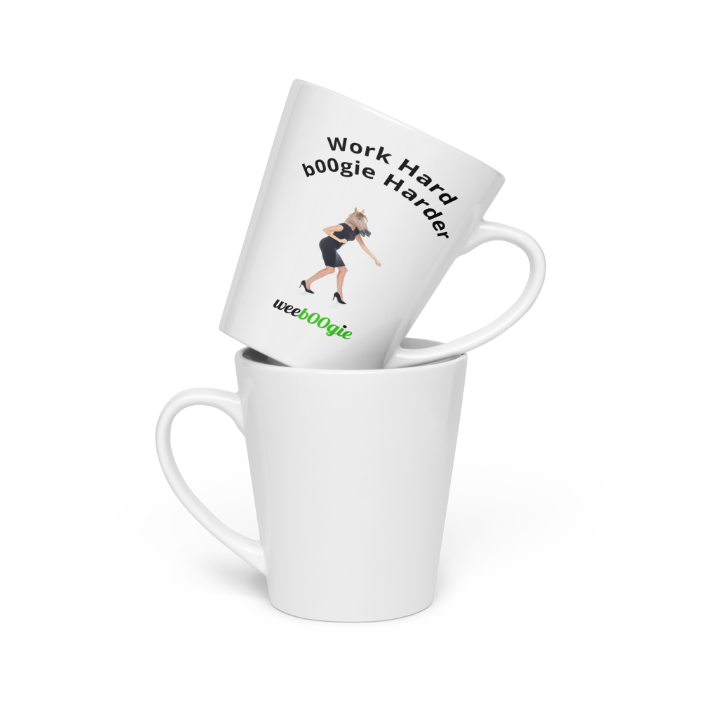 Work Hard b00gie Harder Latte Mug featuring female office worker with horse mask dancing - funny workplace humor gift for women - microwave and dishwasher safe ceramic coffee cup - perfect for coworkers who love to dance - wee b00gie store.