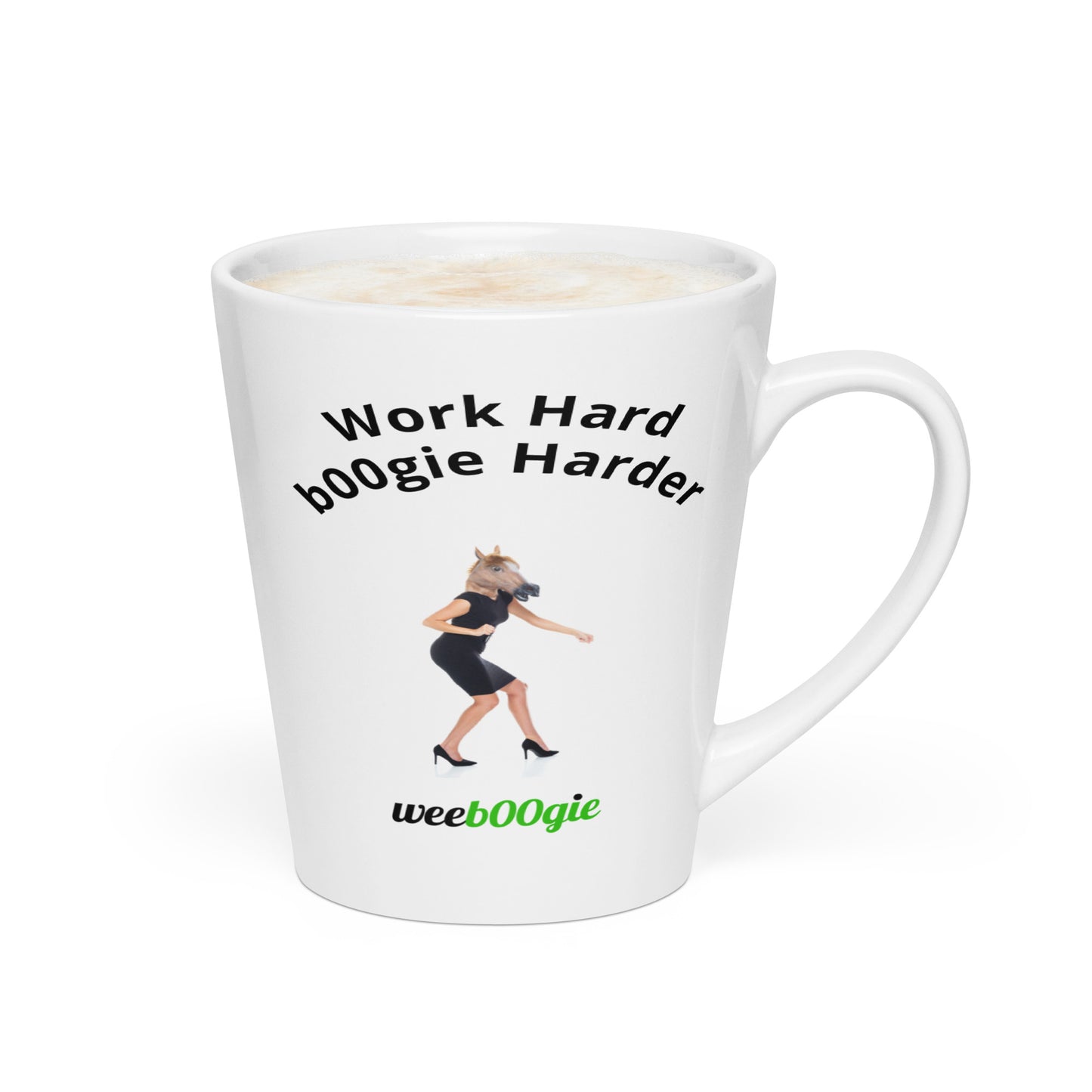 Work Hard b00gie Harder Latte Mug featuring female office worker with horse mask dancing - funny workplace humor gift for women - microwave and dishwasher safe ceramic coffee cup - perfect for coworkers who love to dance - wee b00gie store.