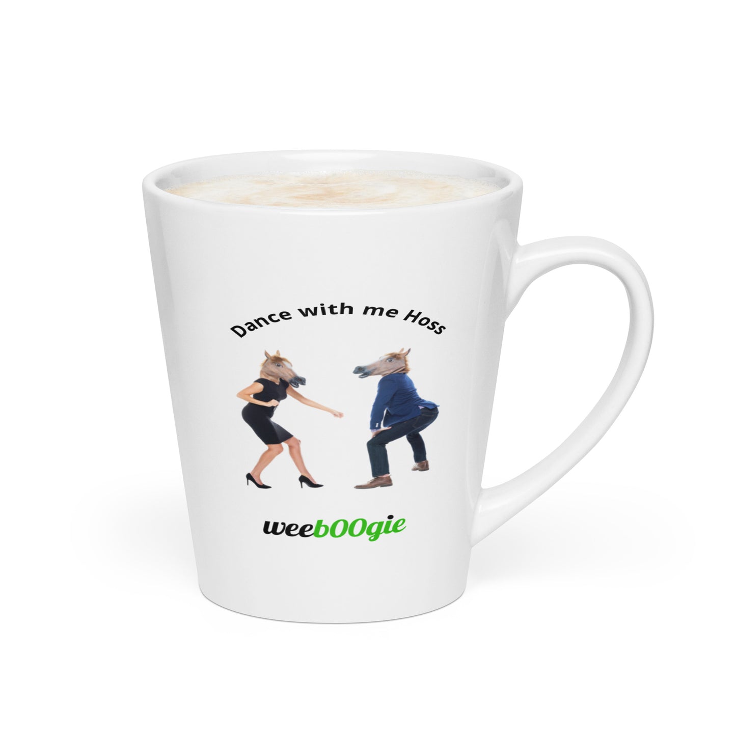 Dance with me Hoss Latte Mug featuring Office Workers with Horse Masks Dancing - Funny Workplace Humor Gift for Coworkers - Microwave and Dishwasher Safe Ceramic Coffee Cup - Perfect for Office Fun and Dance Enthusiasts - wee b00gie store