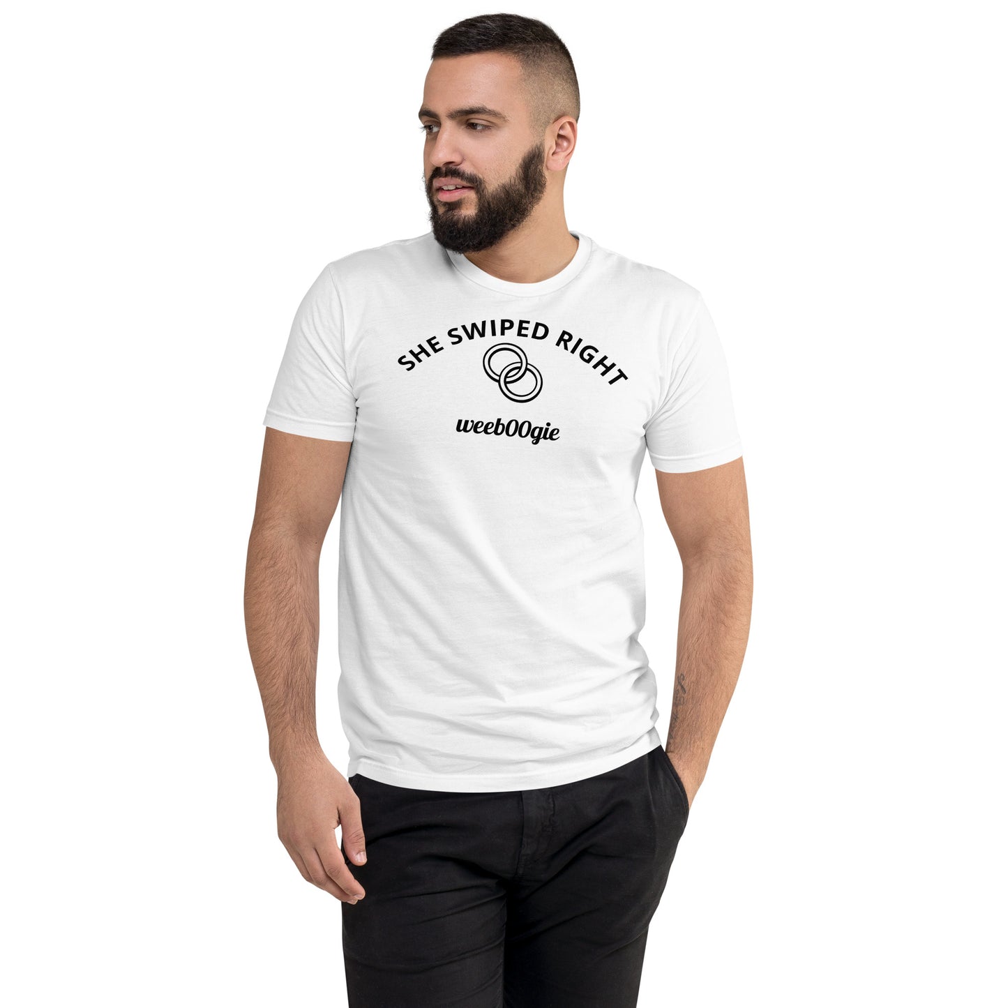 SHE SWIPED RIGHT Stag Edition Bachelor Party Fitted T-Shirt featuring SHE SWIPED RIGHT Text and Two Wedding Rings - Premium Cotton Blend with Classic Fit - Comfortable Fitted Design with Short Sleeves - Perfect for Stag Parties, Bachelor Events and Wedding Celebrations - wee b00gie store