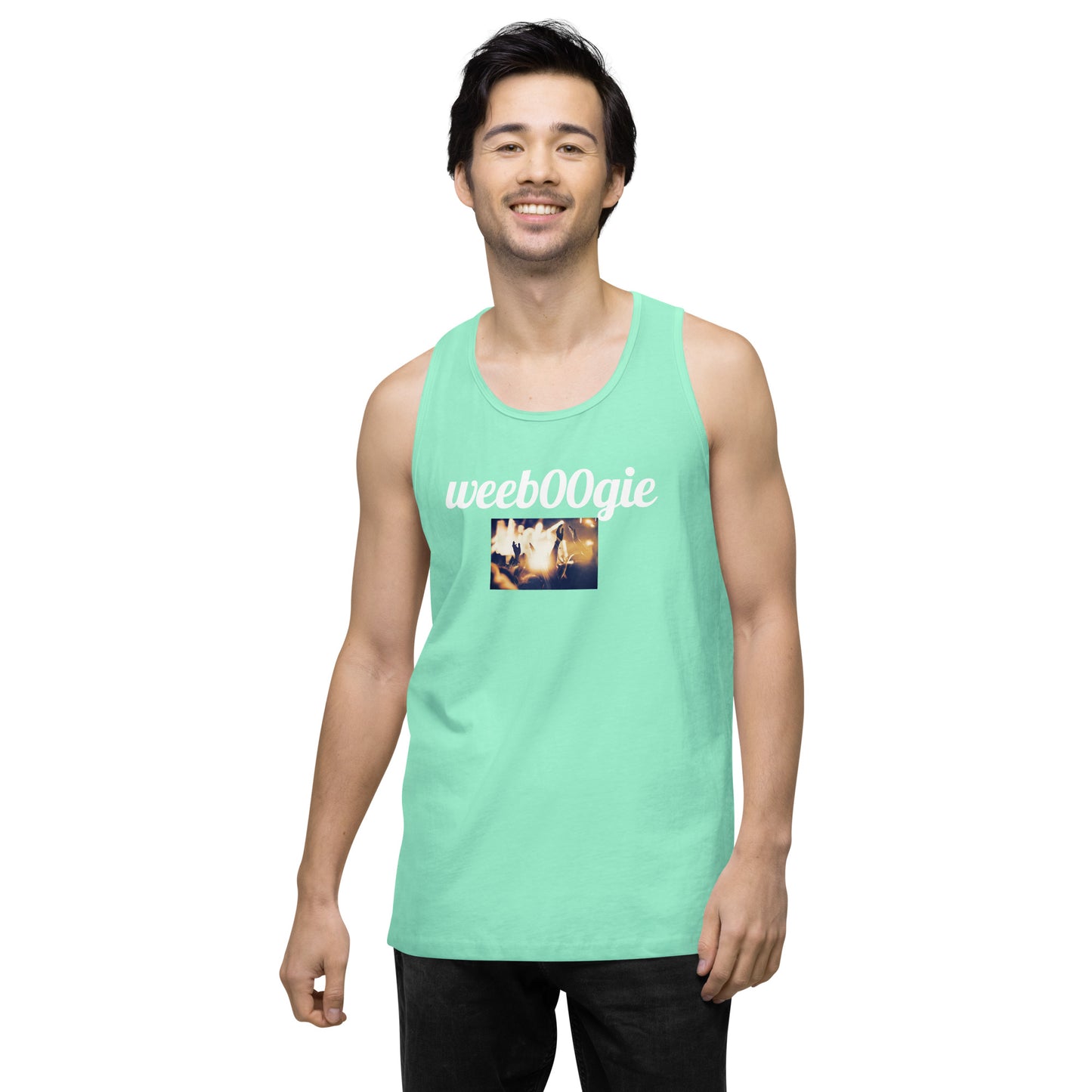 Men's Premium Tank Top with wee b00gie logo and party image - 100% Combed Ring-Spun Cotton with Soft-Washed Heavyweight Material - Relaxed Fit with Sleeveless Drop Arm - Perfect for Workouts and Casual Layering - wee b00gie store