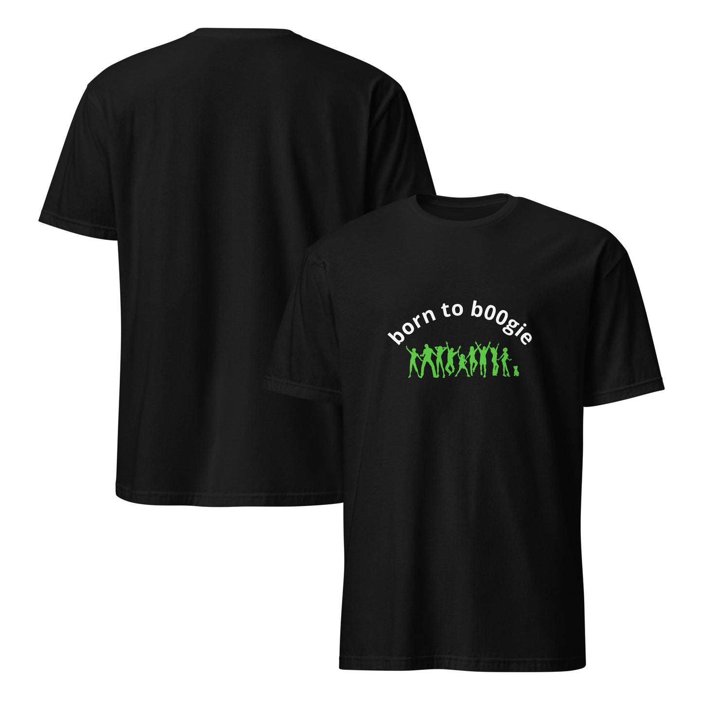 Short-Sleeve Unisex Softstyle T-Shirt in colour Black with the words born to b00gie and green logo - 100% Ring-Spun Cotton with Shoulder-to-Shoulder Taping - Lightweight Fabric with Double-Stitched Neckline - Perfect for Dance Enthusiasts and Casual Everyday Style - wee b00gie store