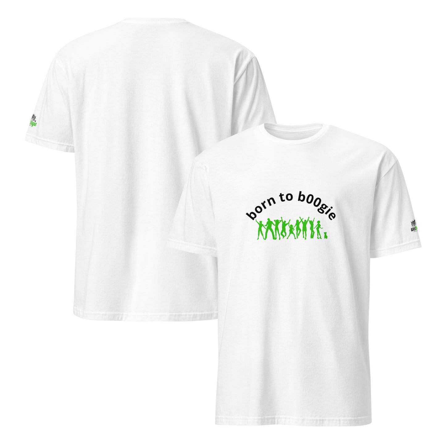 Short-Sleeve Unisex Softstyle T-Shirt in colour White with the words born to b00gie and green logo - 100% Ring-Spun Cotton with Shoulder-to-Shoulder Taping - Lightweight Fabric with Double-Stitched Neckline - Perfect for Dance Enthusiasts and Casual Everyday Style - wee b00gie store