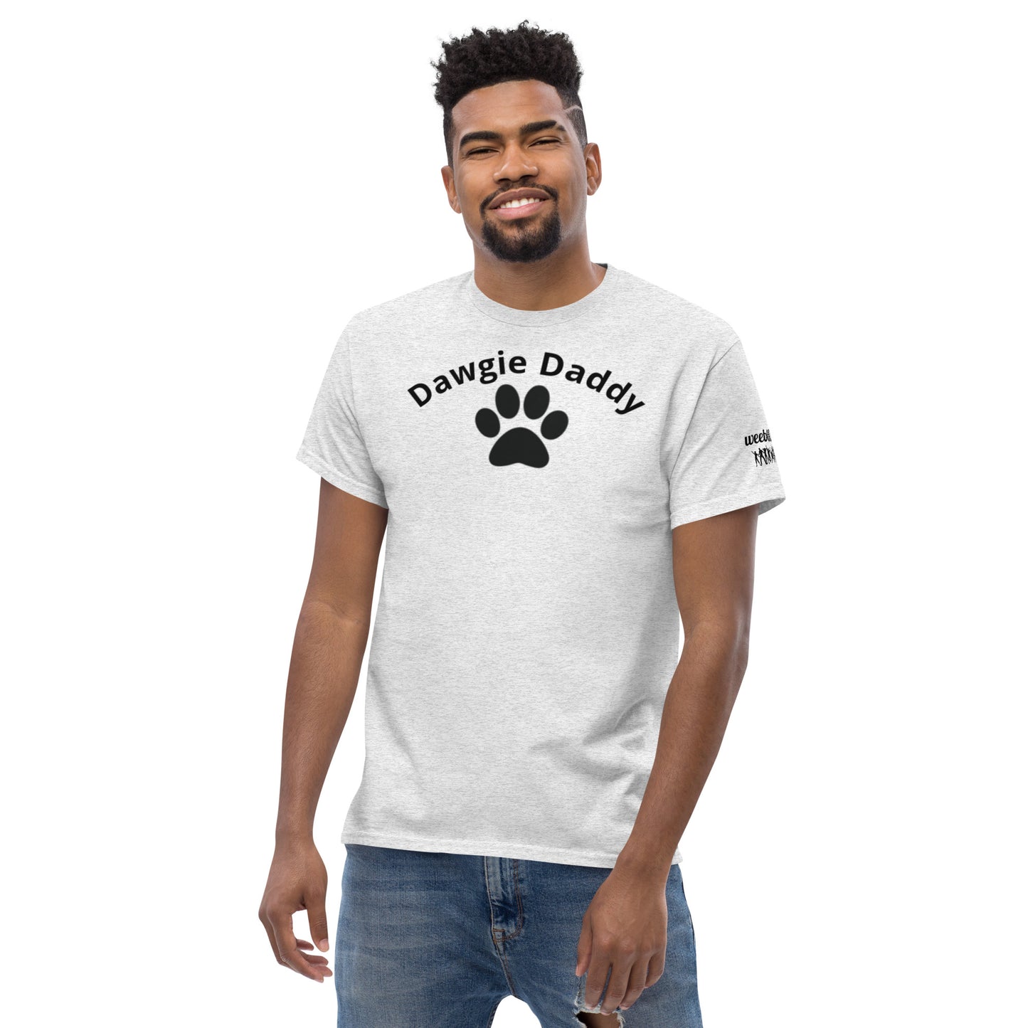 Unisex Classic Tee - Premium Cotton Blend with Classic Fit in Ash - Comfortable Regular Fit with Short Sleeves - Perfect for Dog Walks, Pet Parenting and Casual Wear featuring the words Dawgie Daddy and a Paw Print - wee b00gie store