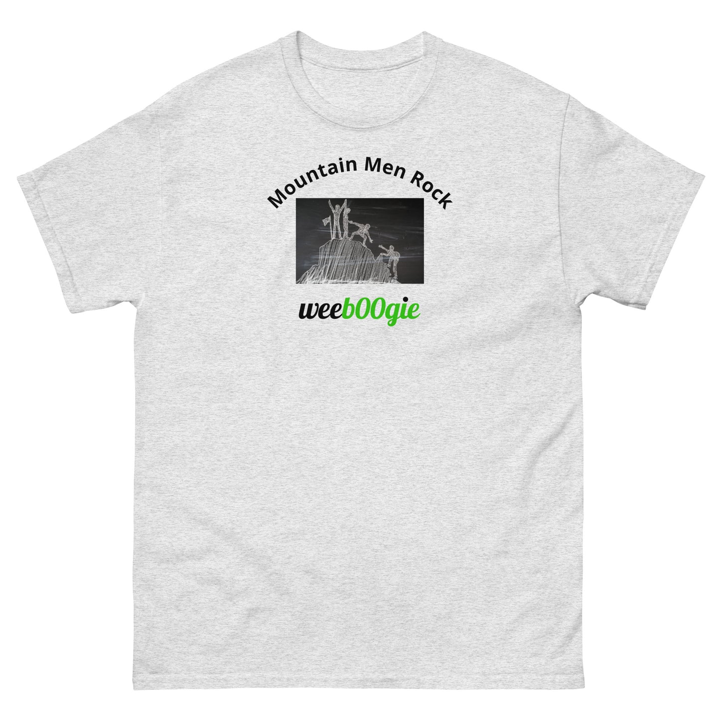 Unisex t-shirt with 'Mountain Men Rock' slogan, styled for outdoor adventures and dance challenges – set against a bold, mountainous backdrop.