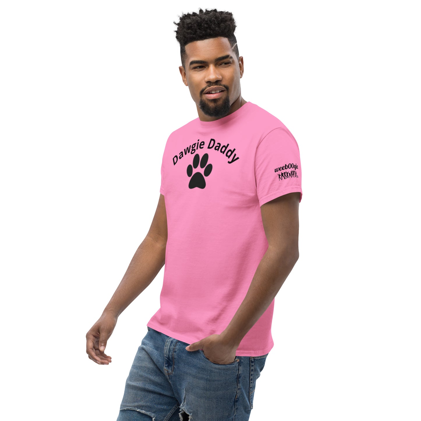 Unisex Classic Tee - Premium Cotton Blend with Classic Fit in Azalea - Comfortable Regular Fit with Short Sleeves - Perfect for Dog Walks, Pet Parenting and Casual Wear featuring the words Dawgie Daddy and a Paw Print - wee b00gie store