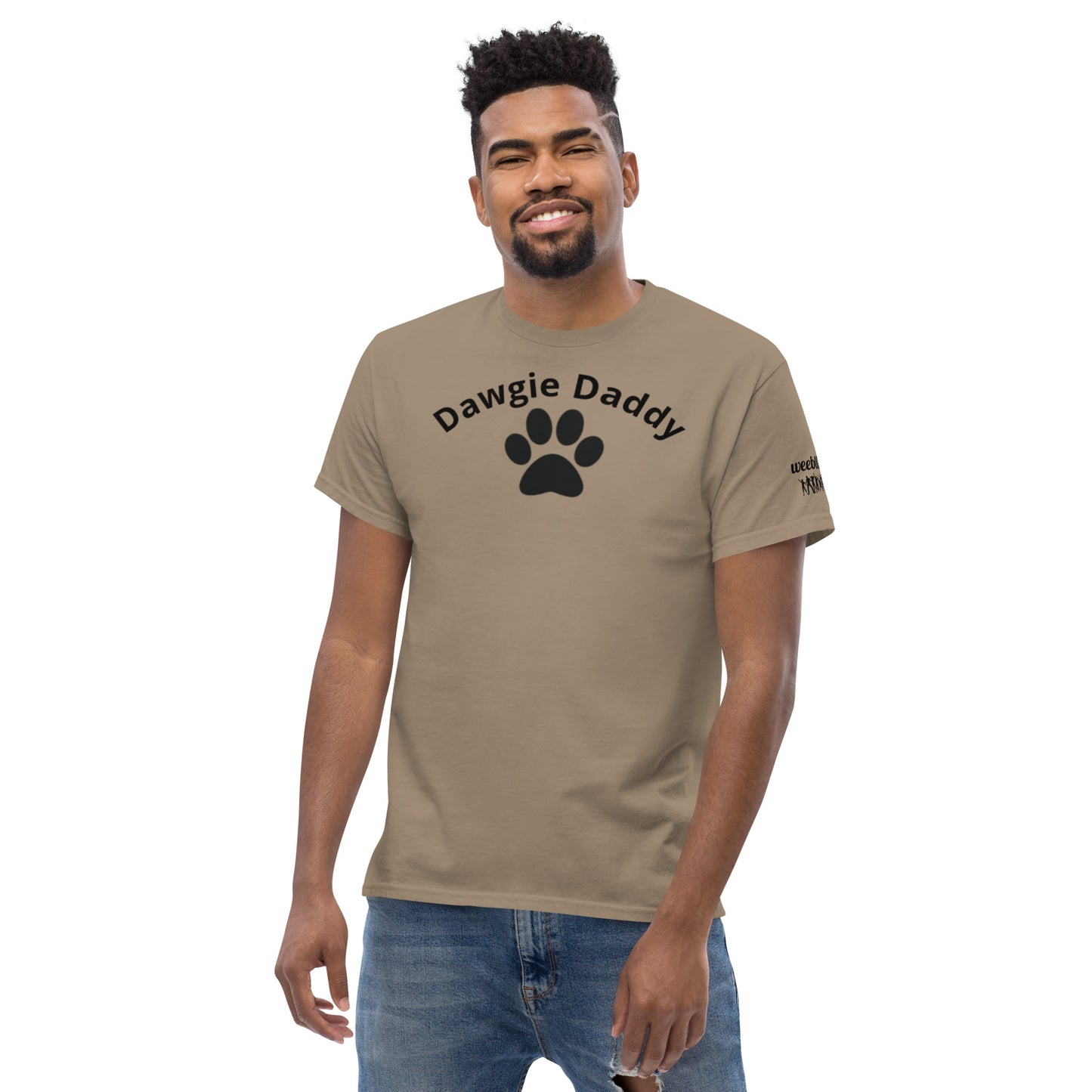 Unisex Classic Tee - Premium Cotton Blend with Classic Fit in Brown Savana - Comfortable Regular Fit with Short Sleeves - Perfect for Dog Walks, Pet Parenting and Casual Wear featuring the words Dawgie Daddy and a Paw Print - wee b00gie store