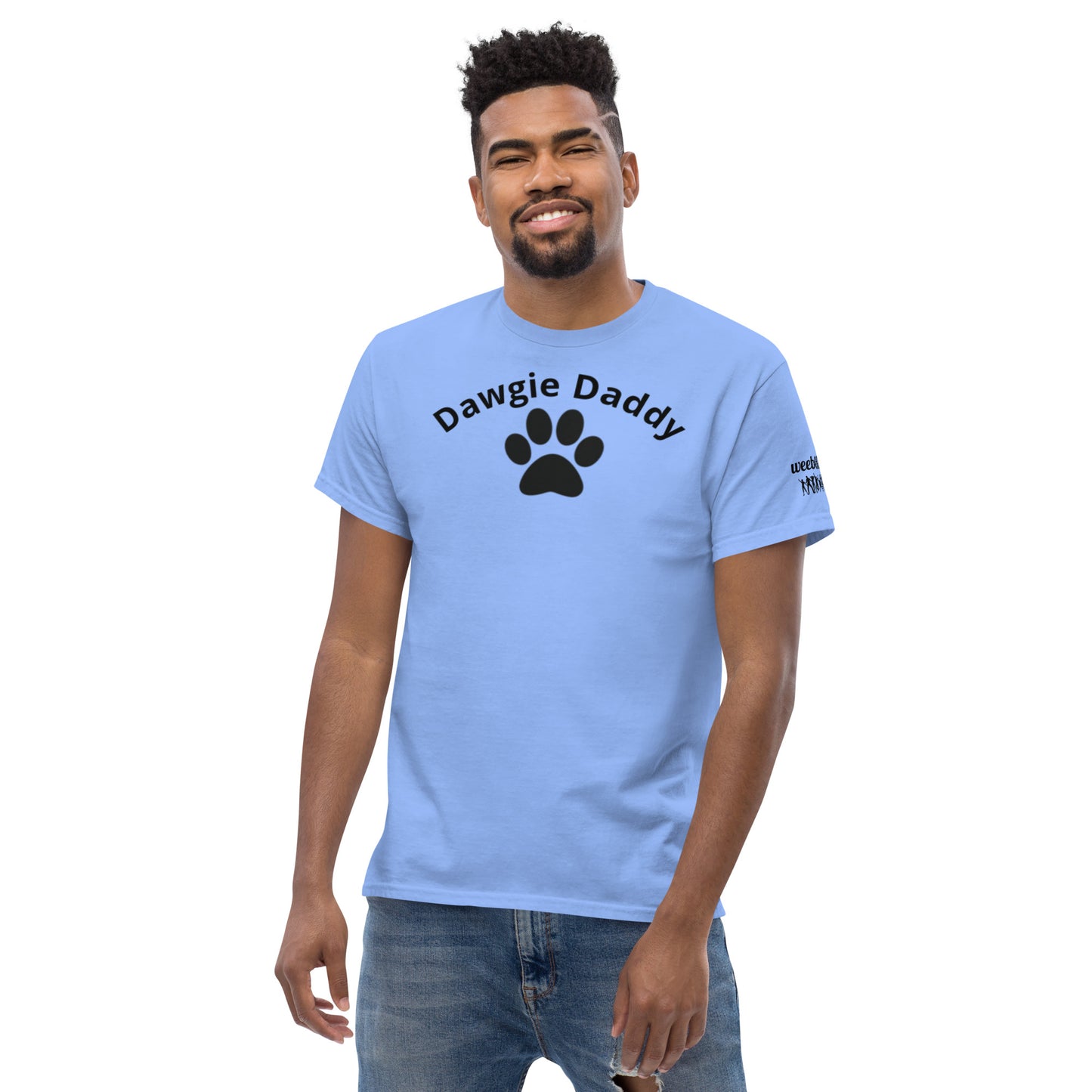 Unisex Classic Tee - Premium Cotton Blend with Classic Fit in Carolina Blue - Comfortable Regular Fit with Short Sleeves - Perfect for Dog Walks, Pet Parenting and Casual Wear featuring the words Dawgie Daddy and a Paw Print - wee b00gie store