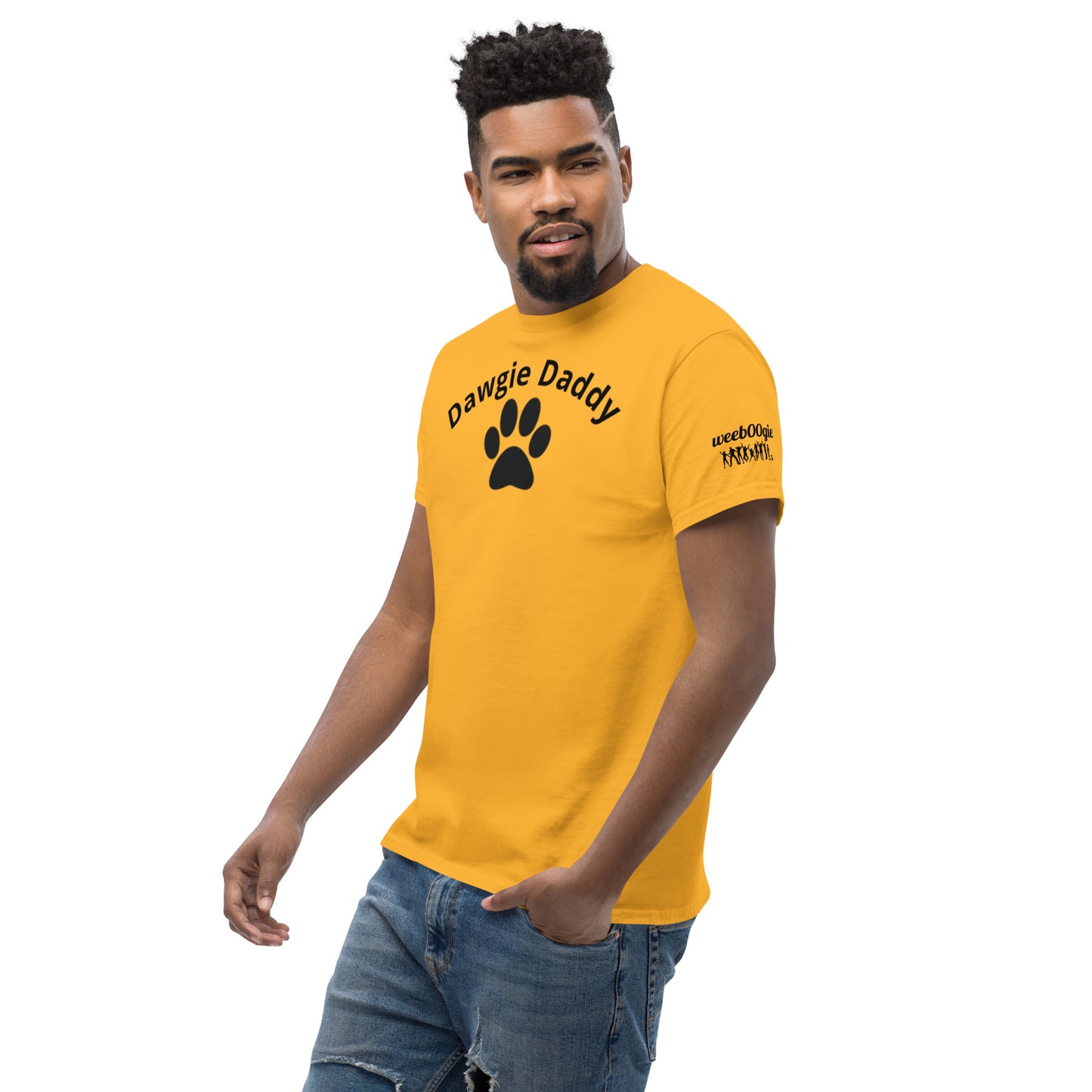Unisex Classic Tee - Premium Cotton Blend with Classic Fit in Gold - Comfortable Regular Fit with Short Sleeves - Perfect for Dog Walks, Pet Parenting and Casual Wear featuring the words Dawgie Daddy and a Paw Print - wee b00gie store