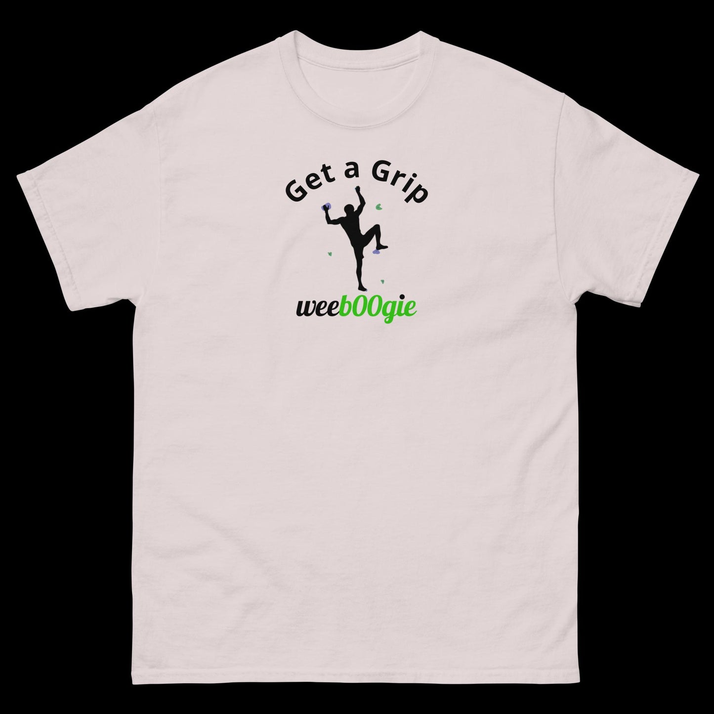 Unisex Classic Tee - Premium Cotton Blend with Classic Fit in Ice Grey - Comfortable Regular Fit with Short Sleeves - Perfect for Climbing Adventures, Mountaineering and Outdoor Activities featuring the words Get a Grip - wee b00gie store