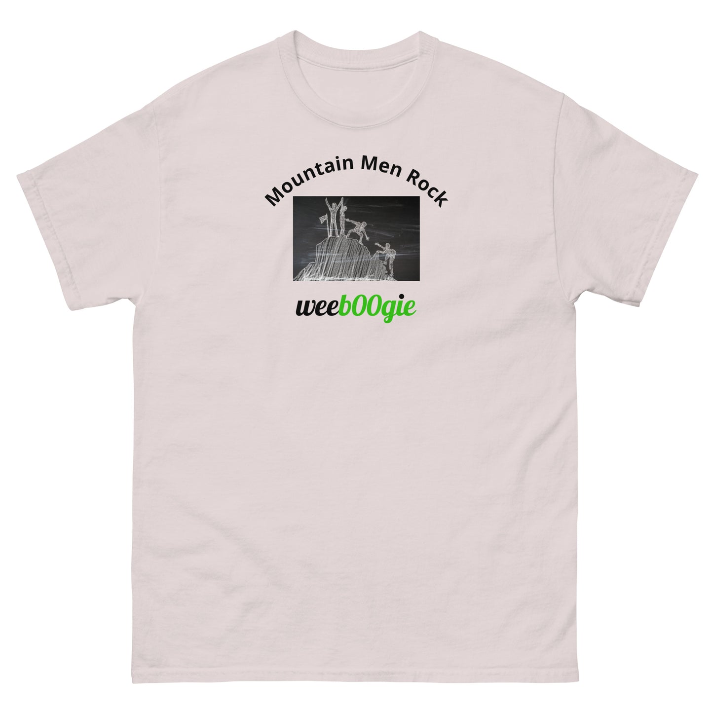Unisex t-shirt with 'Mountain Men Rock' slogan, styled for outdoor adventures and dance challenges – set against a bold, mountainous backdrop.