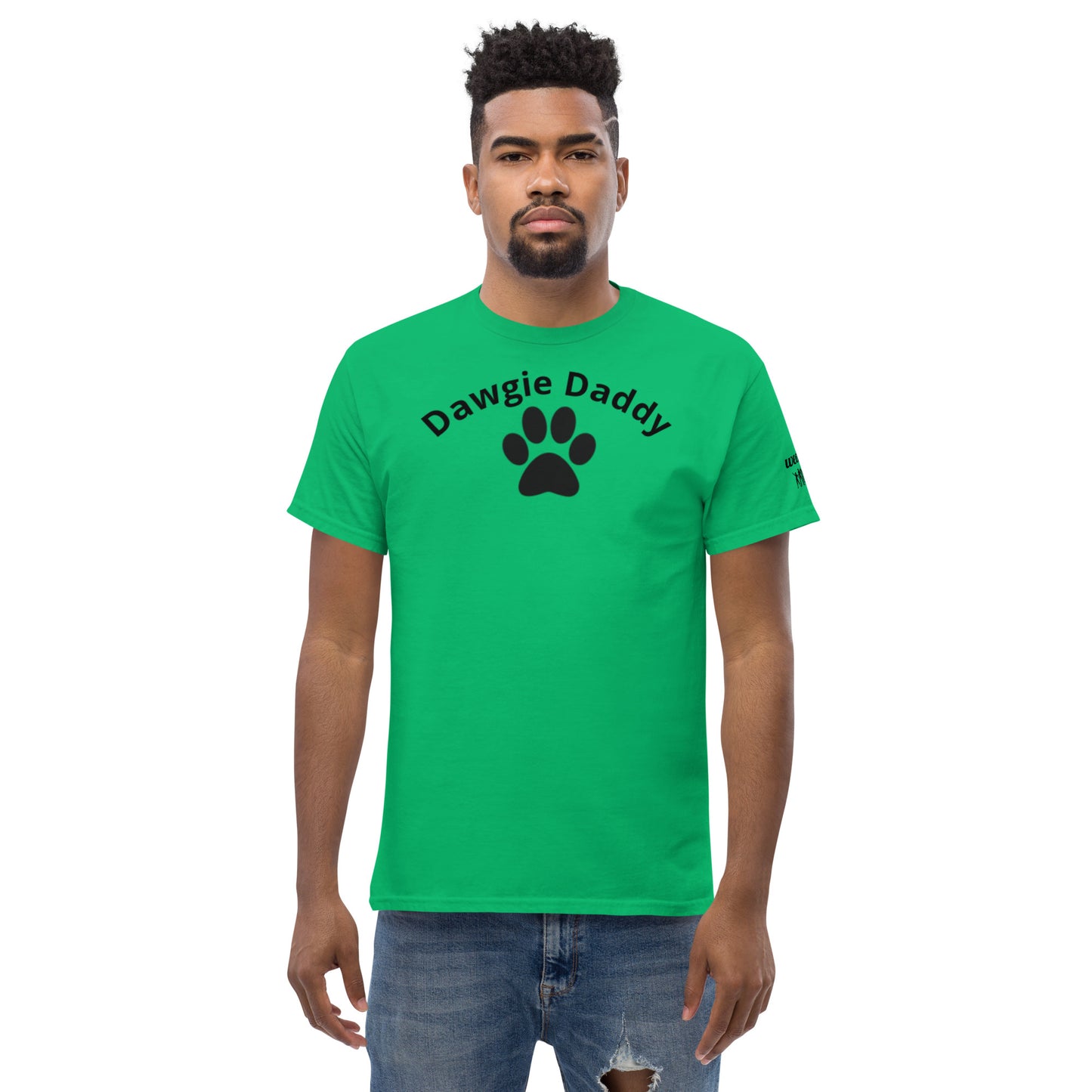 Unisex Classic Tee - Premium Cotton Blend with Classic Fit in Irish Green - Comfortable Regular Fit with Short Sleeves - Perfect for Dog Walks, Pet Parenting and Casual Wear featuring the words Dawgie Daddy and a Paw Print - wee b00gie store