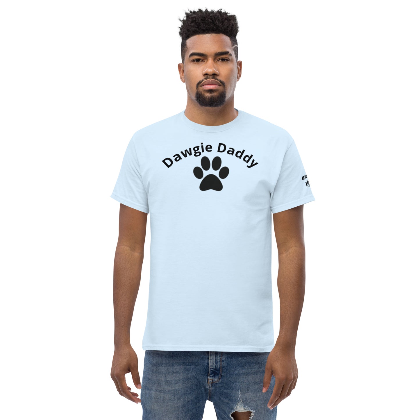 Unisex Classic Tee - Premium Cotton Blend with Classic Fit in Light Blue - Comfortable Regular Fit with Short Sleeves - Perfect for Dog Walks, Pet Parenting and Casual Wear featuring the words Dawgie Daddy and a Paw Print - wee b00gie store