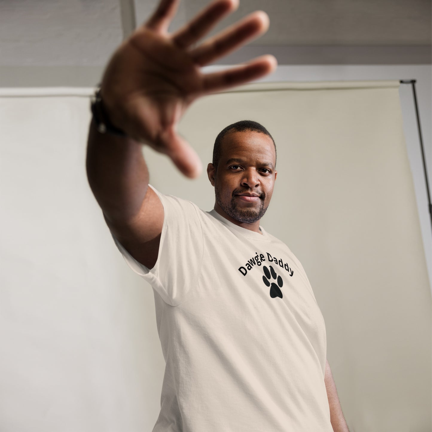 Unisex Classic Tee - Premium Cotton Blend with Classic Fit in Natural - Comfortable Regular Fit with Short Sleeves - Perfect for Dog Walks, Pet Parenting and Casual Wear featuring the words Dawgie Daddy and a Paw Print - wee b00gie store