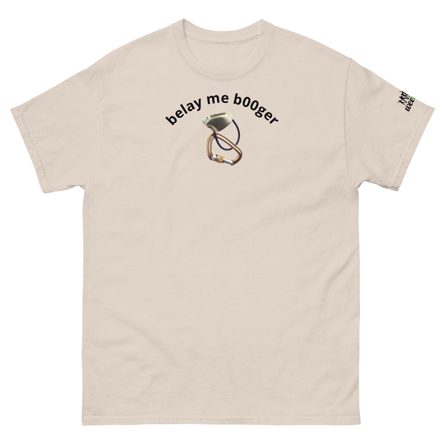 'belay me b00ger' t-shirt with rock climbing graphic. Mountaineer unisex classic fit.