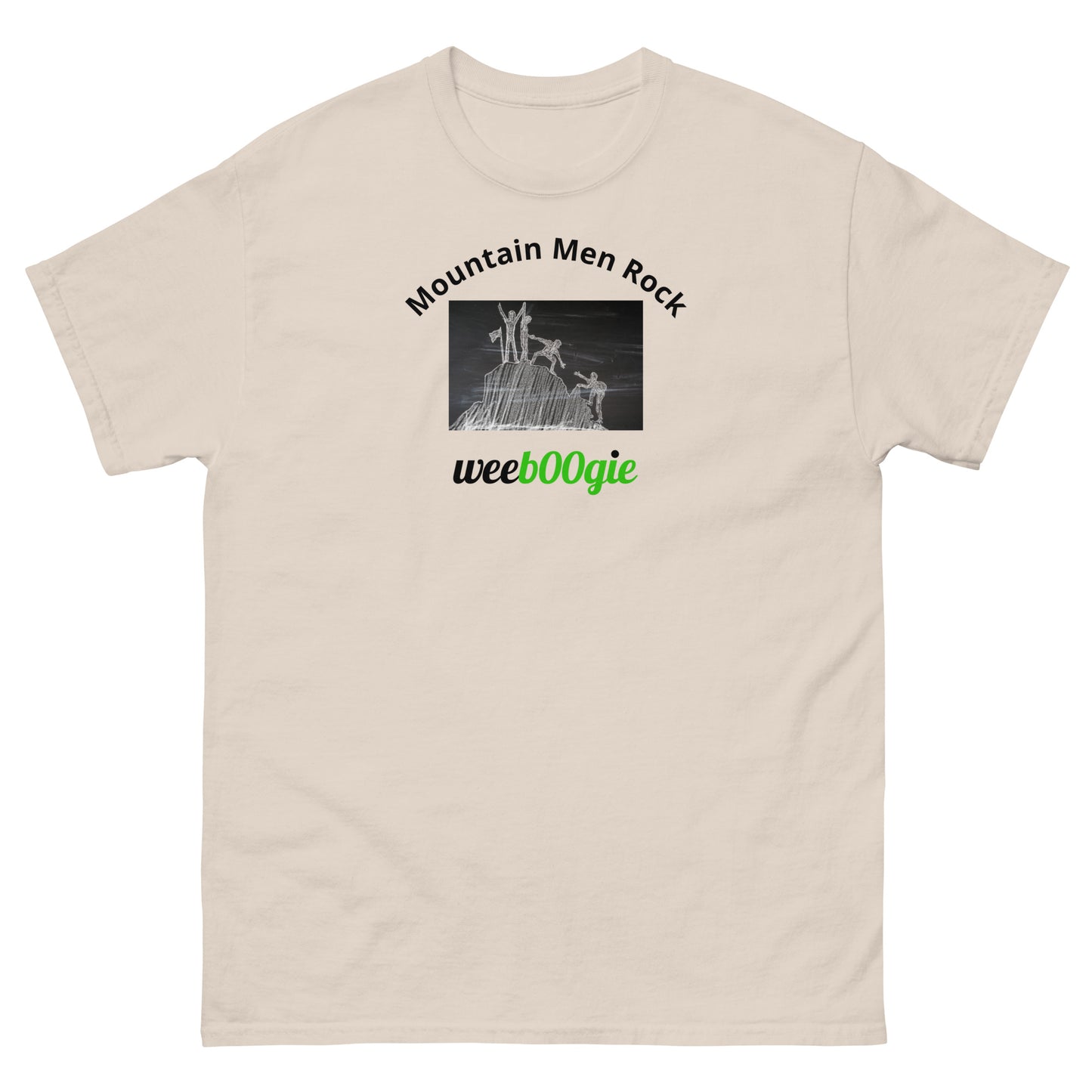 Unisex t-shirt with 'Mountain Men Rock' slogan, styled for outdoor adventures and dance challenges – set against a bold, mountainous backdrop.