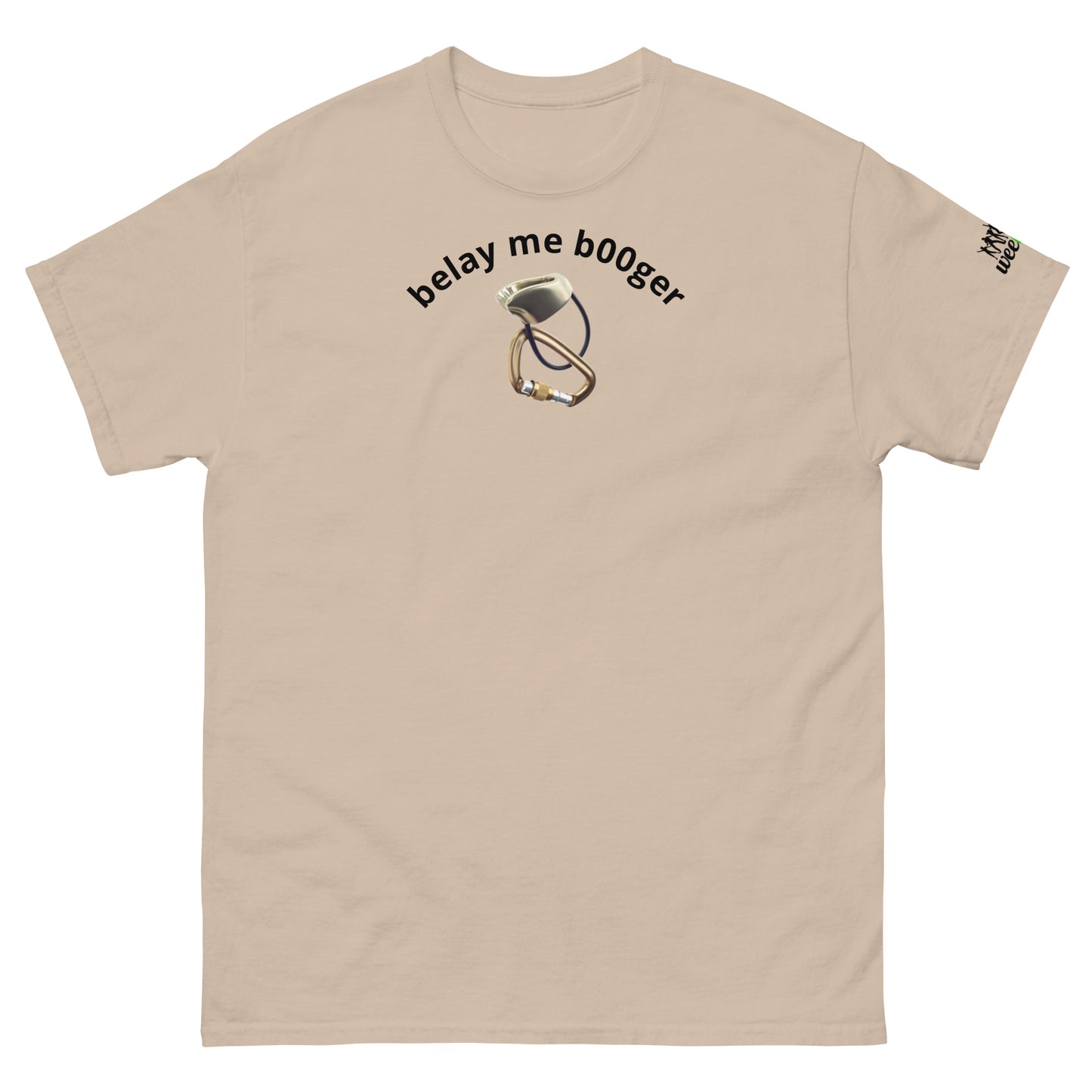 'belay me b00ger' t-shirt with rock climbing graphic. Mountaineer unisex classic fit.