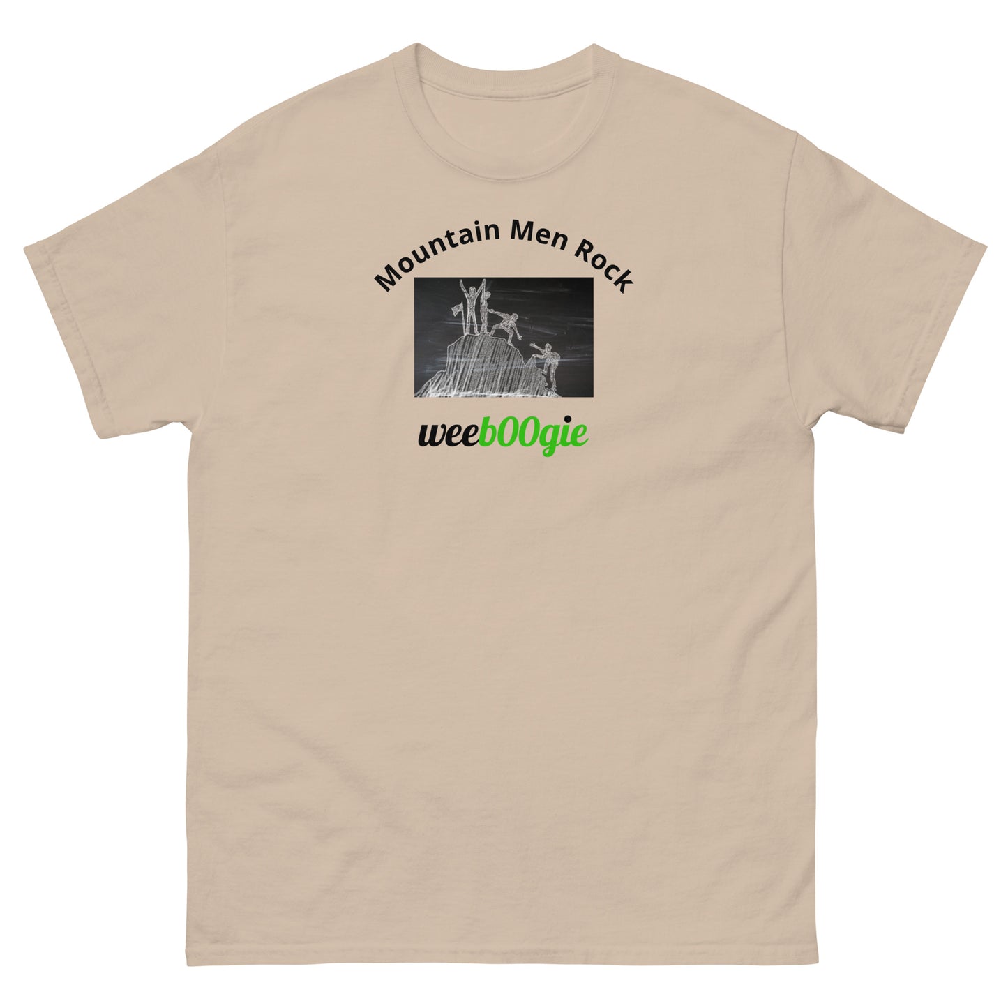 Unisex t-shirt with 'Mountain Men Rock' slogan, styled for outdoor adventures and dance challenges – set against a bold, mountainous backdrop.