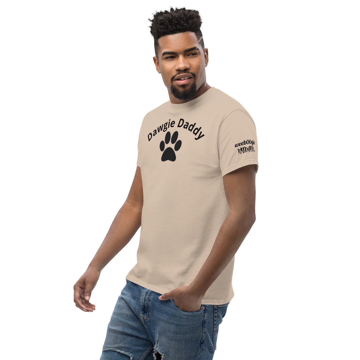 Unisex Classic Tee - Premium Cotton Blend with Classic Fit in Sand - Comfortable Regular Fit with Short Sleeves - Perfect for Dog Walks, Pet Parenting and Casual Wear featuring the words Dawgie Daddy and a Paw Print - wee b00gie store