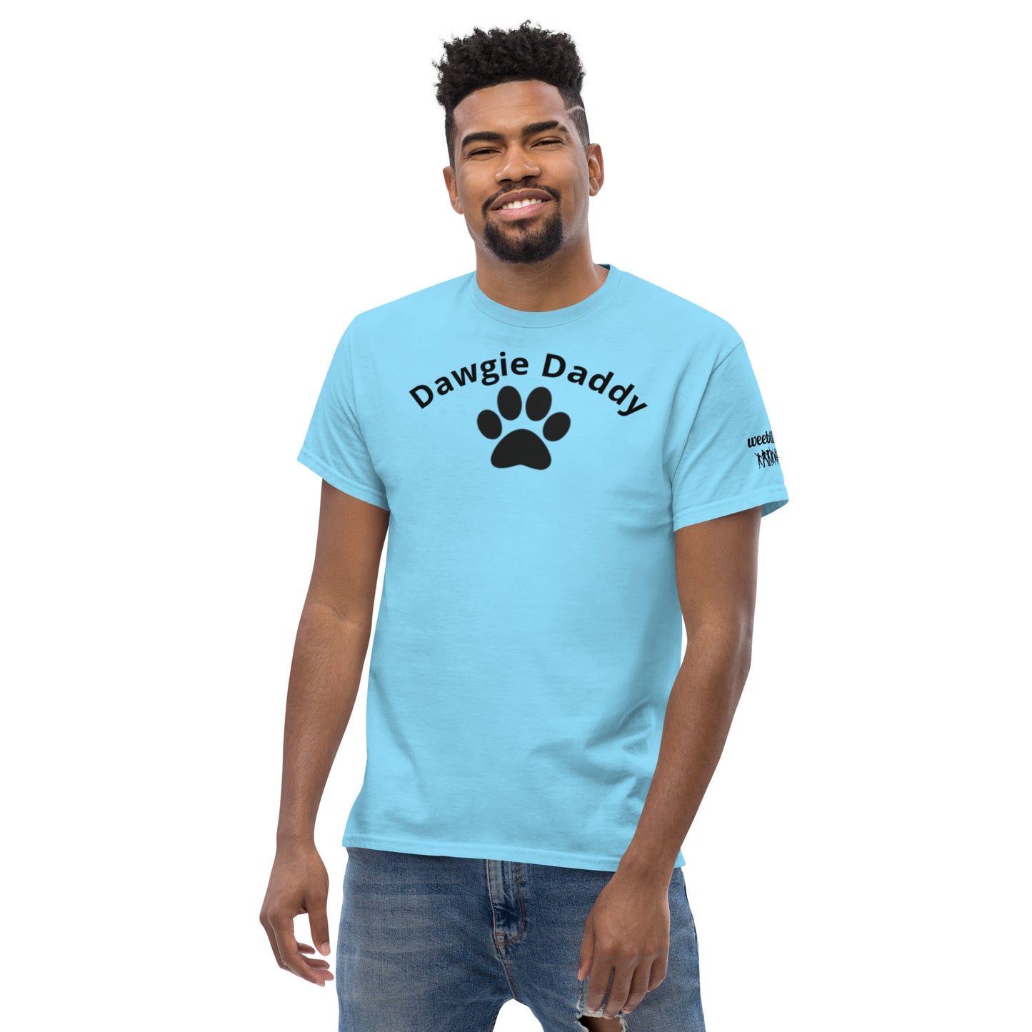 Unisex Classic Tee - Premium Cotton Blend with Classic Fit in Sky - Comfortable Regular Fit with Short Sleeves - Perfect for Dog Walks, Pet Parenting and Casual Wear featuring the words Dawgie Daddy and a Paw Print - wee b00gie store