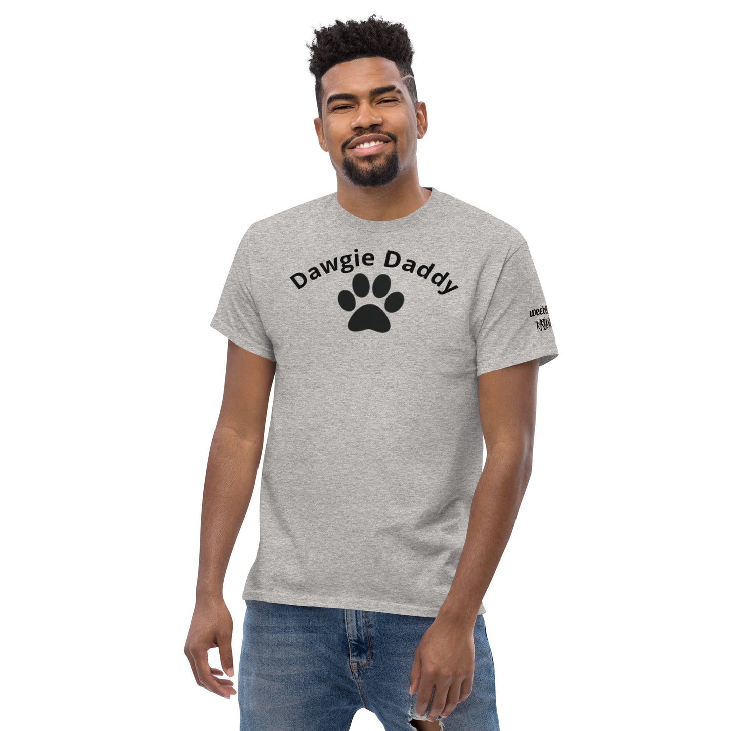 Unisex Classic Tee - Premium Cotton Blend with Classic Fit in Sport Grey - Comfortable Regular Fit with Short Sleeves - Perfect for Dog Walks, Pet Parenting and Casual Wear featuring the words Dawgie Daddy and a Paw Print - wee b00gie store