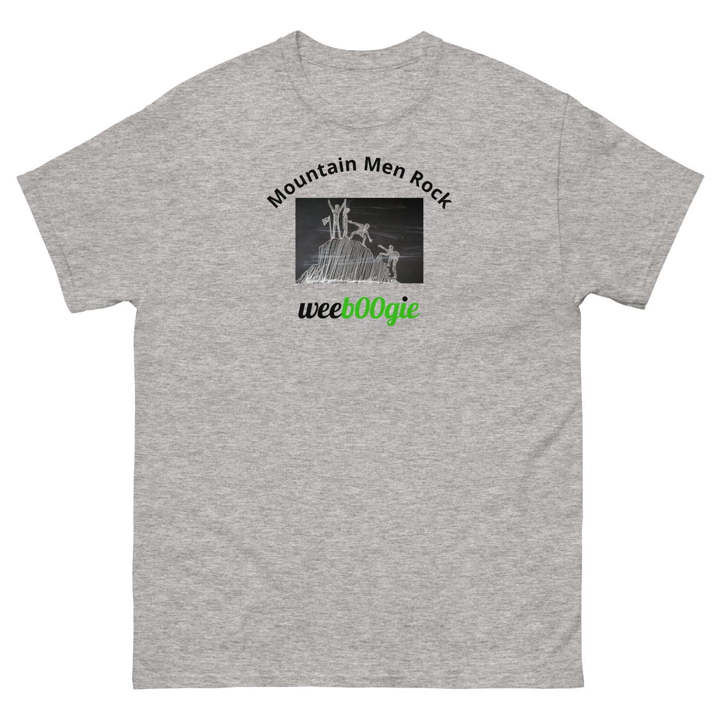 Unisex t-shirt with 'Mountain Men Rock' slogan, styled for outdoor adventures and dance challenges – set against a bold, mountainous backdrop.