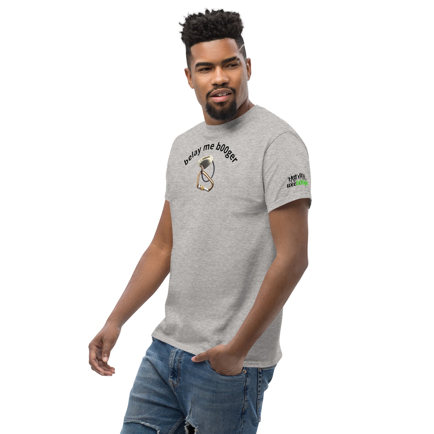 'belay me b00ger' t-shirt with rock climbing graphic. Mountaineer unisex classic fit.