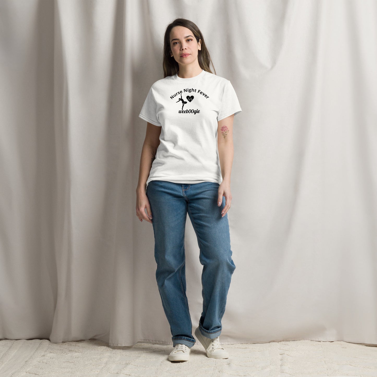 Nurse Night Fever Unisex Classic Tee featuring Dancer and Heart - 100% Cotton with Taped Neck and Double Seams - Structured Fit with Tubular Fabric - Perfect for Healthcare Workers and Medical Professionals - wee b00gie store