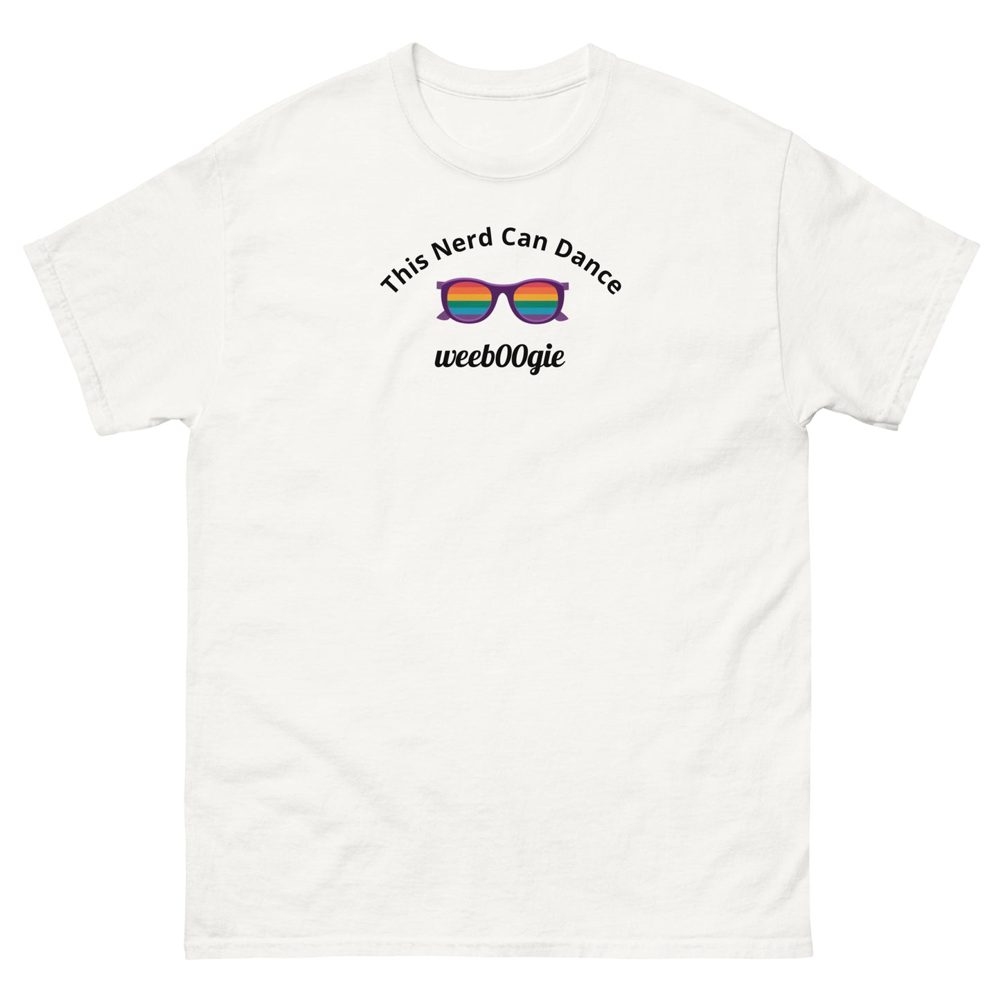 This Nerd Can Dance LGBTQIA+ Unisex Classic Tee featuring Rainbow Pride Sunglasses - 100% Cotton with Taped Neck and Double Seams - Structured Fit with Tubular Fabric - Perfect for Tech Professionals, LGBTQIA+ Community and Pride Events - wee b00gie store