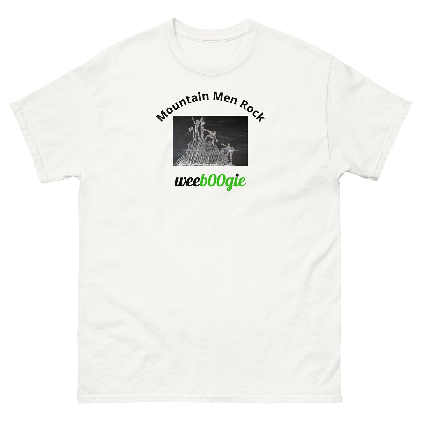 Unisex t-shirt with 'Mountain Men Rock' slogan, styled for outdoor adventures and dance challenges – set against a bold, mountainous backdrop.
