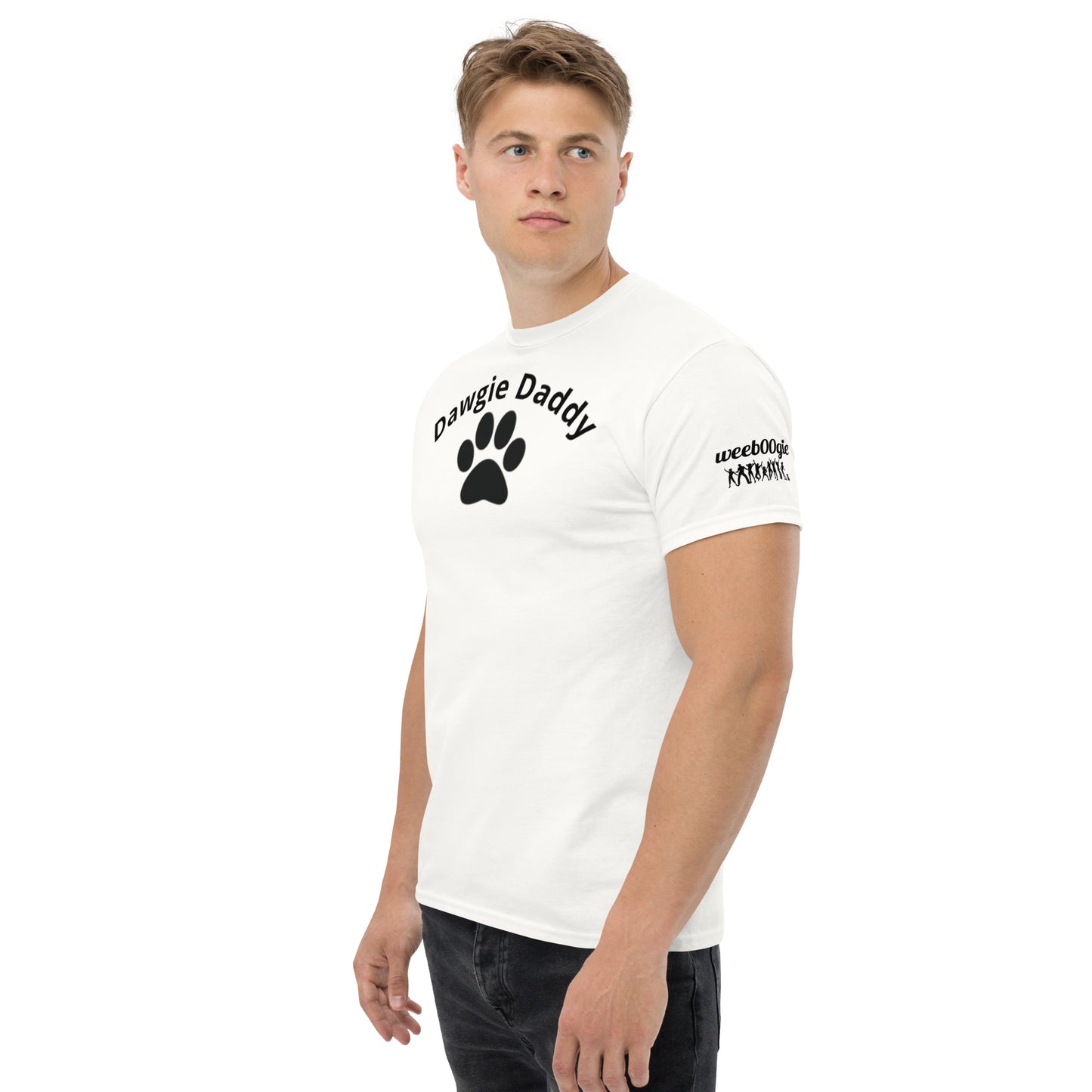 Unisex Classic Tee - Premium Cotton Blend with Classic Fit in White - Comfortable Regular Fit with Short Sleeves - Perfect for Dog Walks, Pet Parenting and Casual Wear featuring the words Dawgie Daddy and a Paw Print - wee b00gie store
