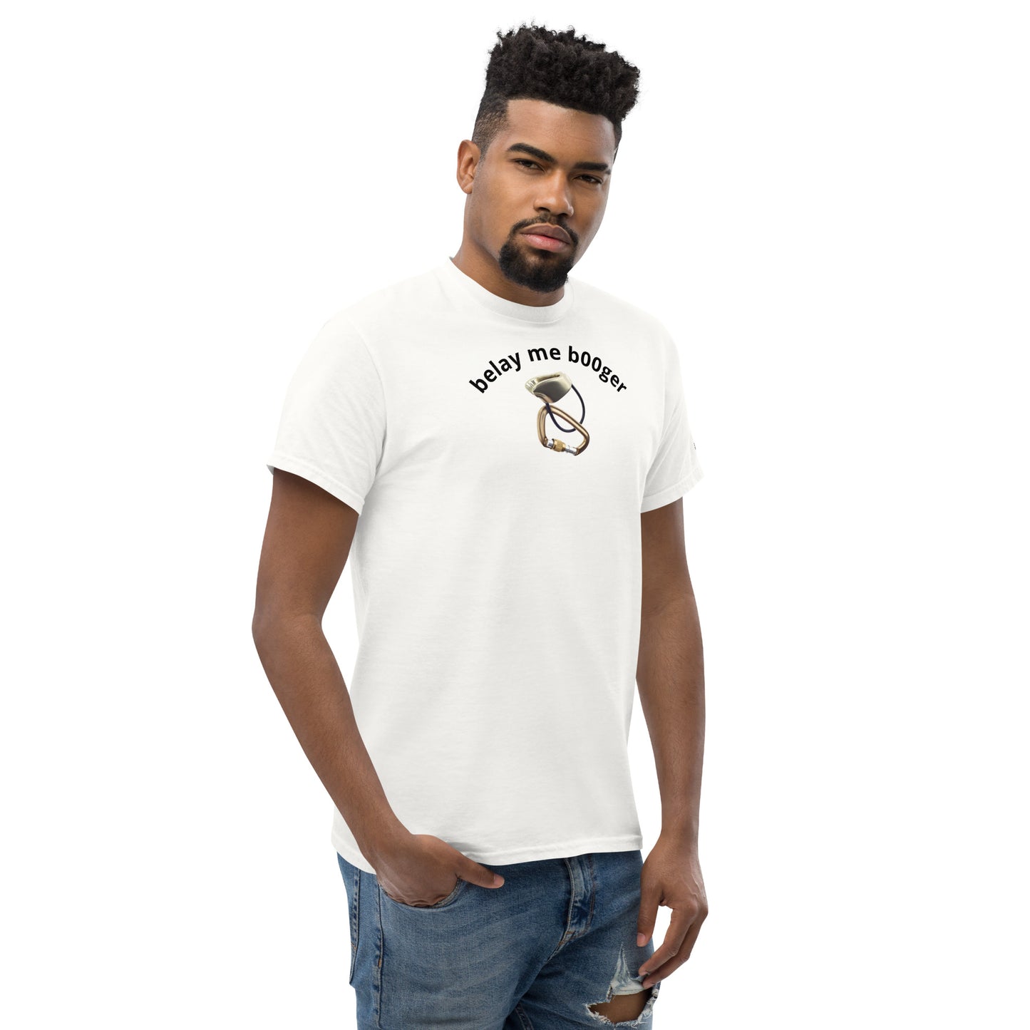 'belay me b00ger' t-shirt with rock climbing graphic. Mountaineer unisex classic fit.