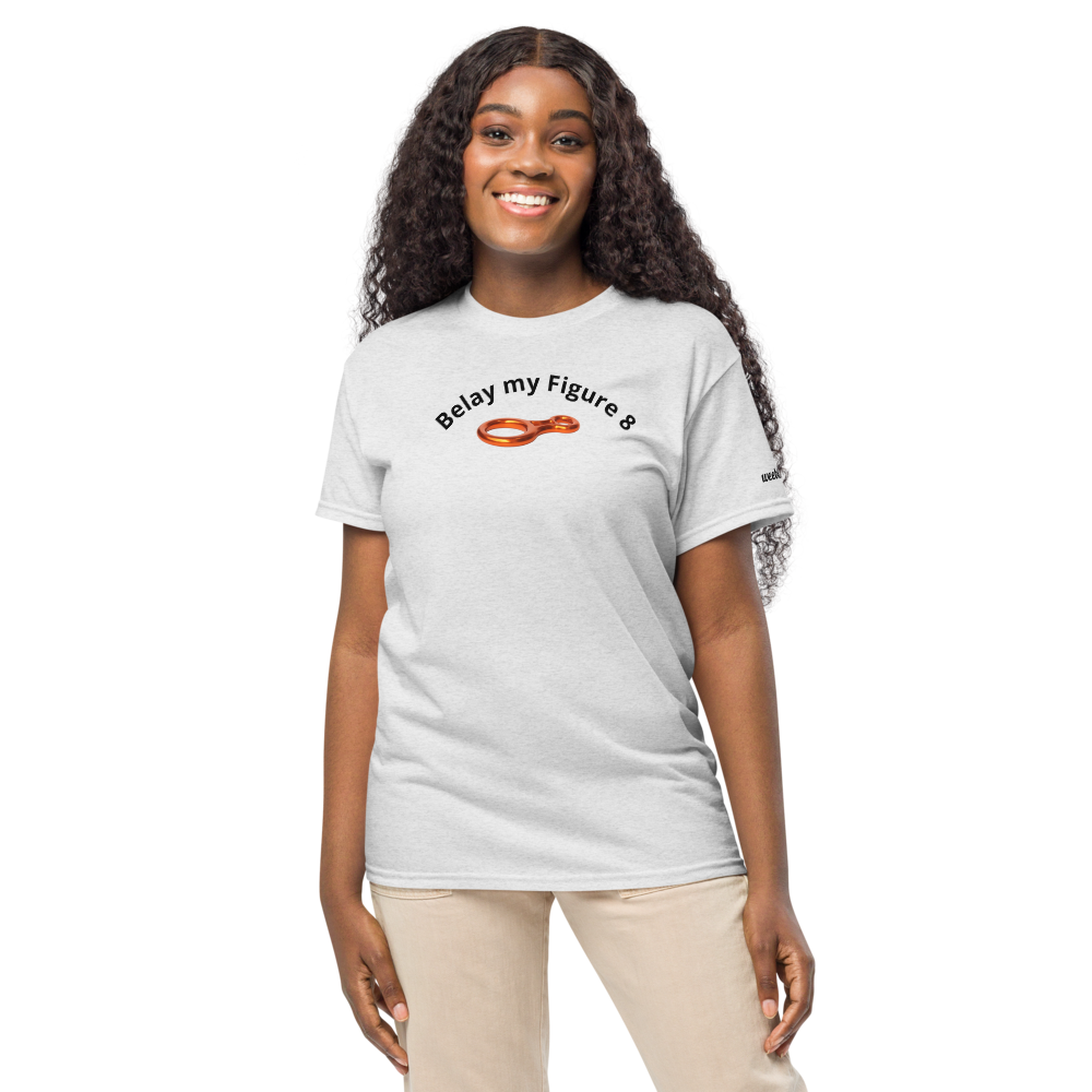 DryBlend® T-Shirt - Premium Cotton Blend with Classic Fit in White - Comfortable Regular Fit with Short Sleeves - Perfect for Climbing Adventures, Outdoor Activities and Rock Climbing featuring the words Belay my Figure 8 and a Figure 8 Rock Climbers Belay Device in Gold Colour - wee b00gie store