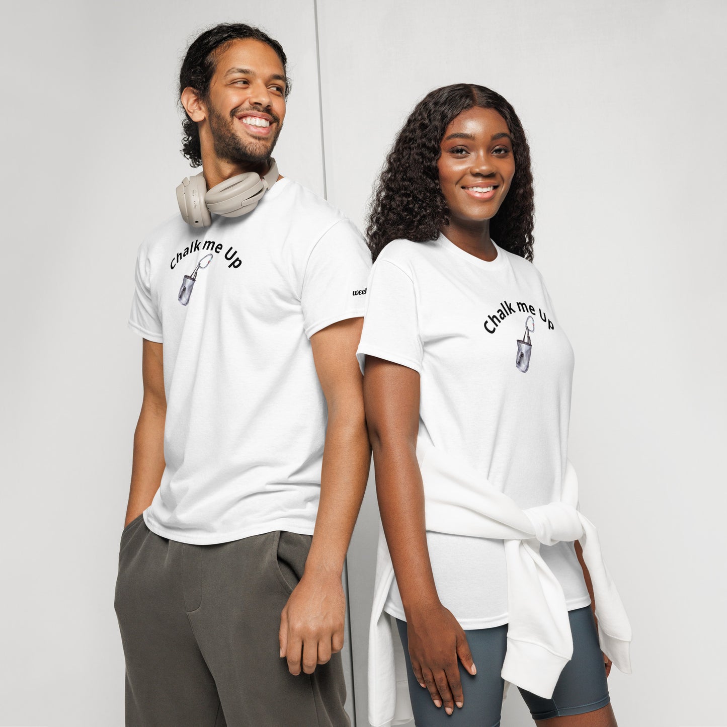 Unisex DryBlend® T-Shirt - Premium Cotton Blend with Classic Fit in White - Comfortable Regular Fit with Short Sleeves - Perfect for Climbing Adventures, Outdoor Activities and Rock Climbing featuring the words Chalk me Up and a Chalk Bag image - wee b00gie store