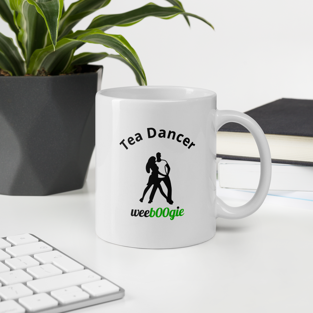 Tea Dancer White Glossy Mug featuring elegant dancing couple - ballroom dance gift for waltz, foxtrot and tango enthusiasts - microwave and dishwasher safe ceramic coffee cup - perfect for dance teachers and performers - wee b00gie store.