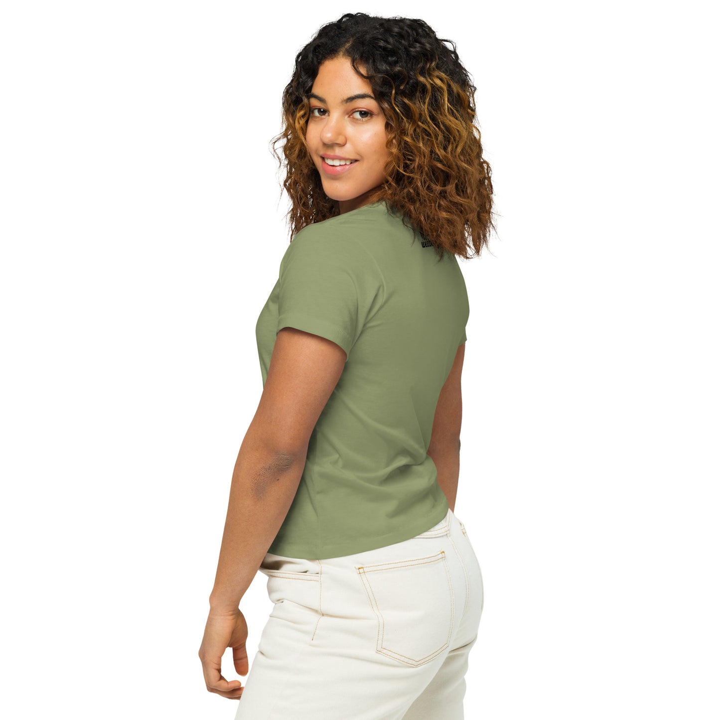 Women's High-Waisted Tee - Premium Cotton Blend with Classic Fit in Pine Green - Comfortable High-Waisted Design with Short Sleeves - Perfect for Casual Wear, Everyday Style and Layering featuring the words Doggie Mommie and a Paw Print - wee b00gie store