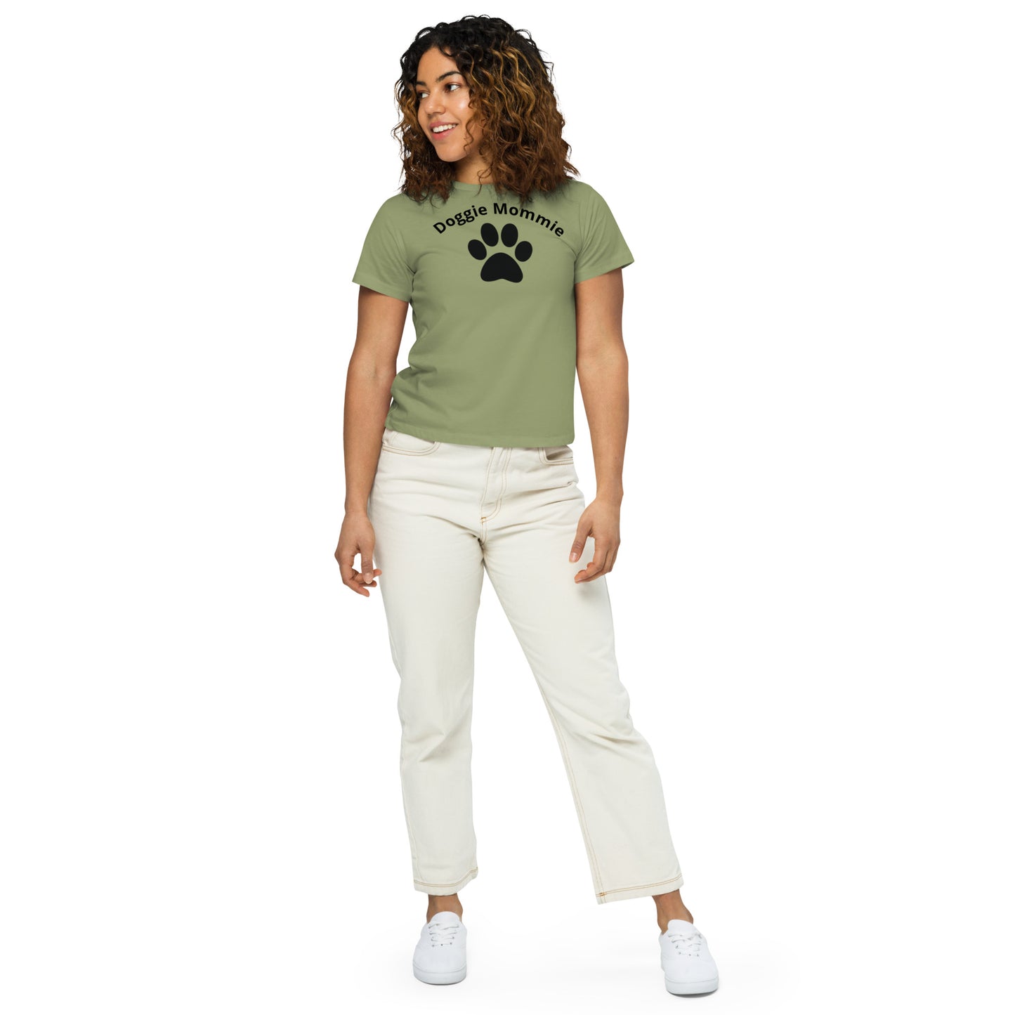 Women's High-Waisted Tee - Premium Cotton Blend with Classic Fit in Pine Green - Comfortable High-Waisted Design with Short Sleeves - Perfect for Casual Wear, Everyday Style and Layering featuring the words Doggie Mommie and a Paw Print - wee b00gie store