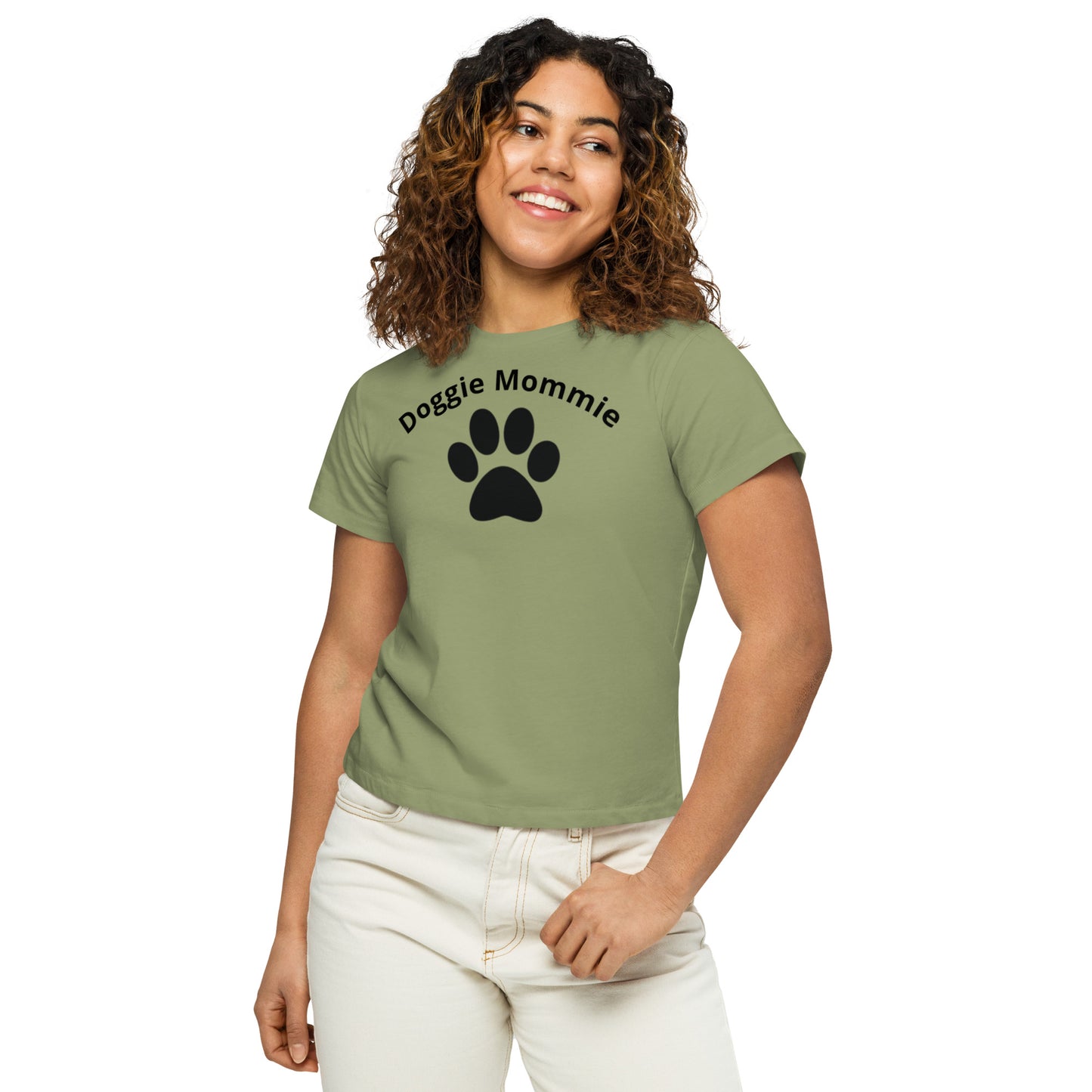 Women's High-Waisted Tee - Premium Cotton Blend with Classic Fit in Pine Green - Comfortable High-Waisted Design with Short Sleeves - Perfect for Casual Wear, Everyday Style and Layering featuring the words Doggie Mommie and a Paw Print - wee b00gie store