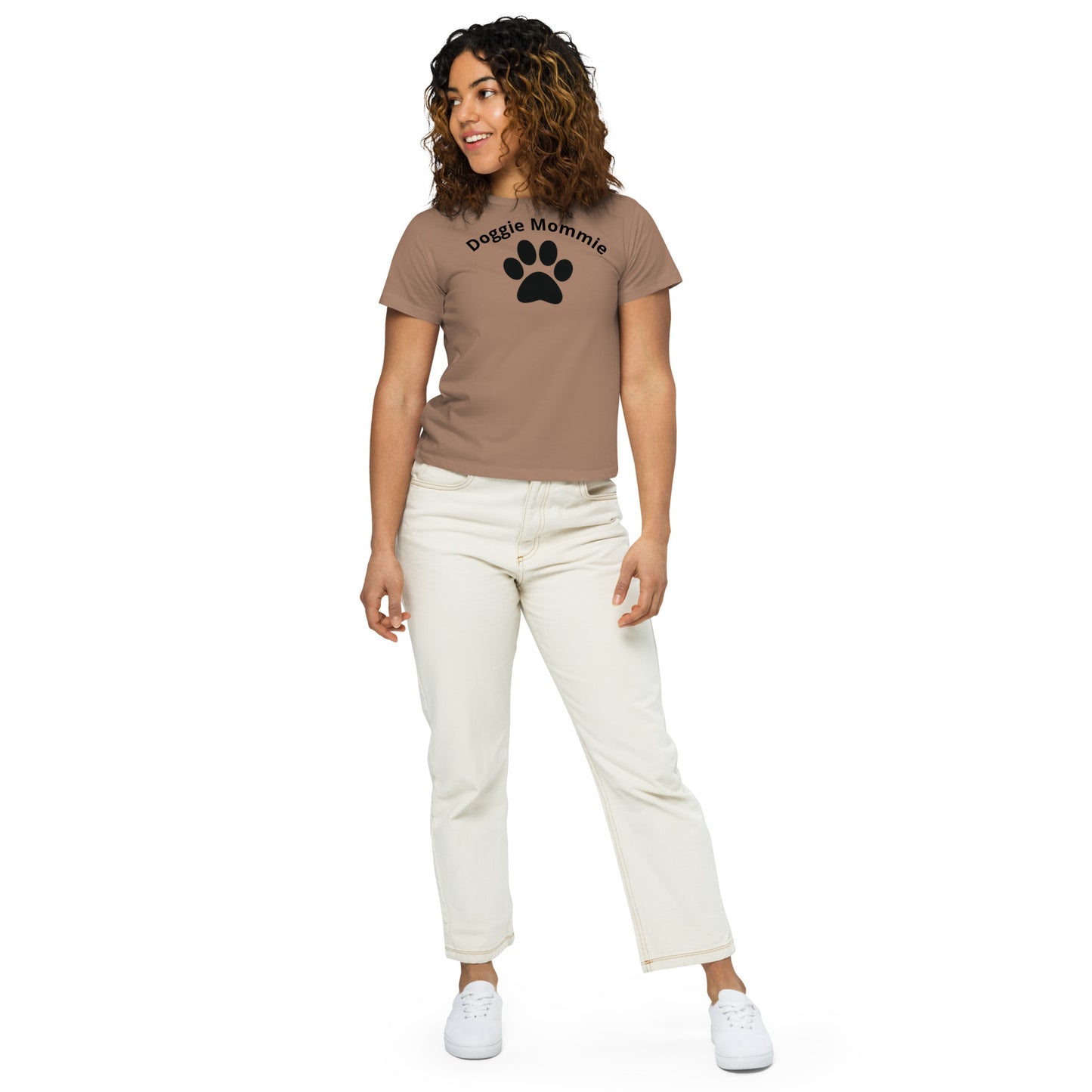 Women's High-Waisted Tee - Premium Cotton Blend with Classic Fit in Pine Green - Comfortable High-Waisted Design with Short Sleeves - Perfect for Casual Wear, Everyday Style and Layering featuring the words Doggie Mommie and a Paw Print - wee b00gie store