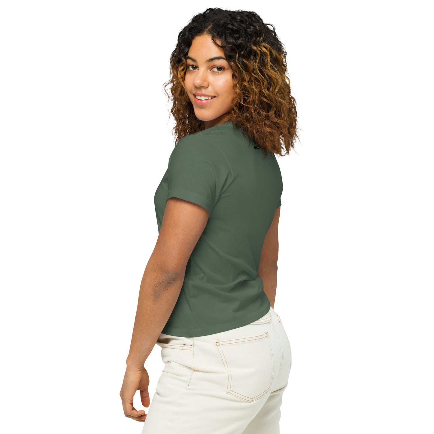 Women's High-Waisted Tee - Premium Cotton Blend with Classic Fit in Pine Green - Comfortable High-Waisted Design with Short Sleeves - Perfect for Casual Wear, Everyday Style and Layering featuring the words Doggie Mommie and a Paw Print - wee b00gie store