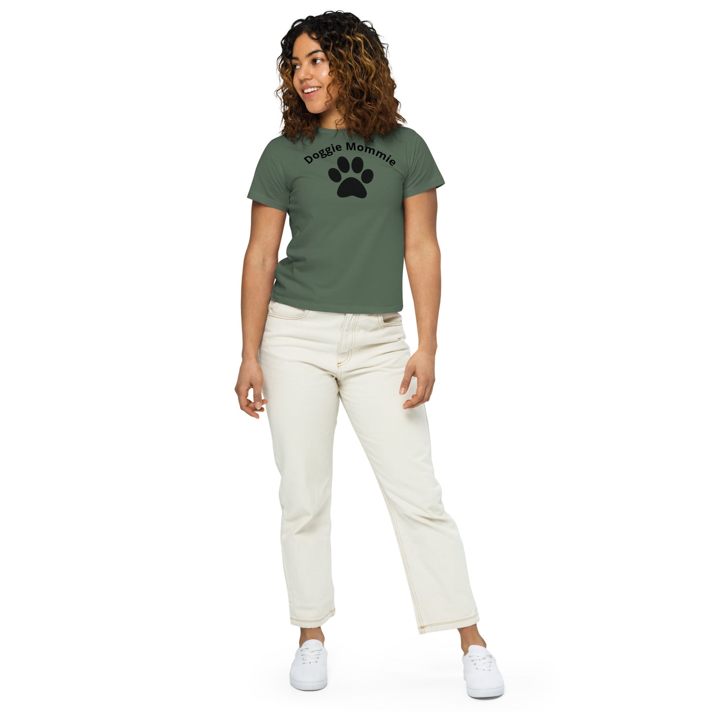 Women's High-Waisted Tee - Premium Cotton Blend with Classic Fit in Pine Green - Comfortable High-Waisted Design with Short Sleeves - Perfect for Casual Wear, Everyday Style and Layering featuring the words Doggie Mommie and a Paw Print - wee b00gie store