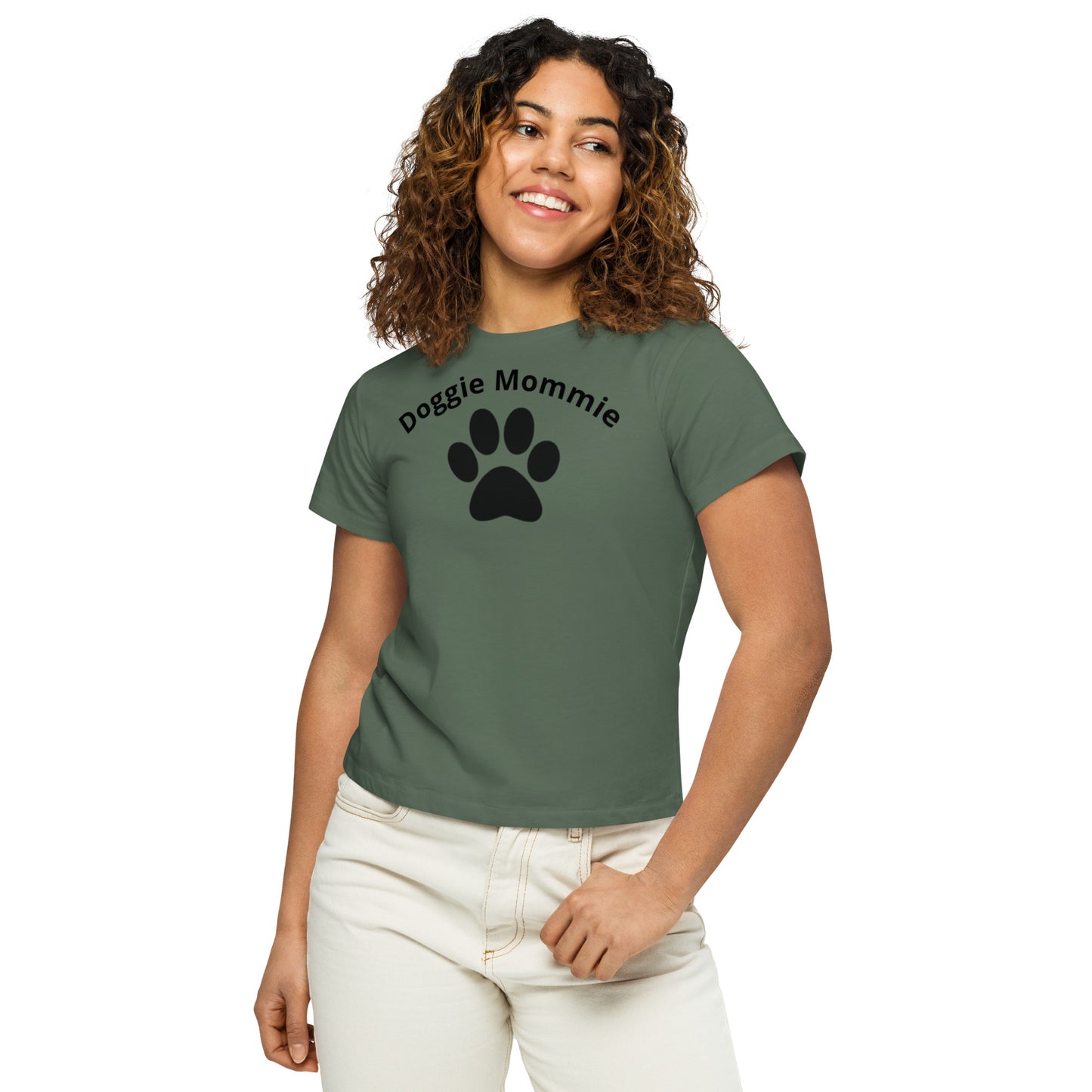 Women's High-Waisted Tee - Premium Cotton Blend with Classic Fit in Pine Green - Comfortable High-Waisted Design with Short Sleeves - Perfect for Casual Wear, Everyday Style and Layering featuring the words Doggie Mommie and a Paw Print - wee b00gie store