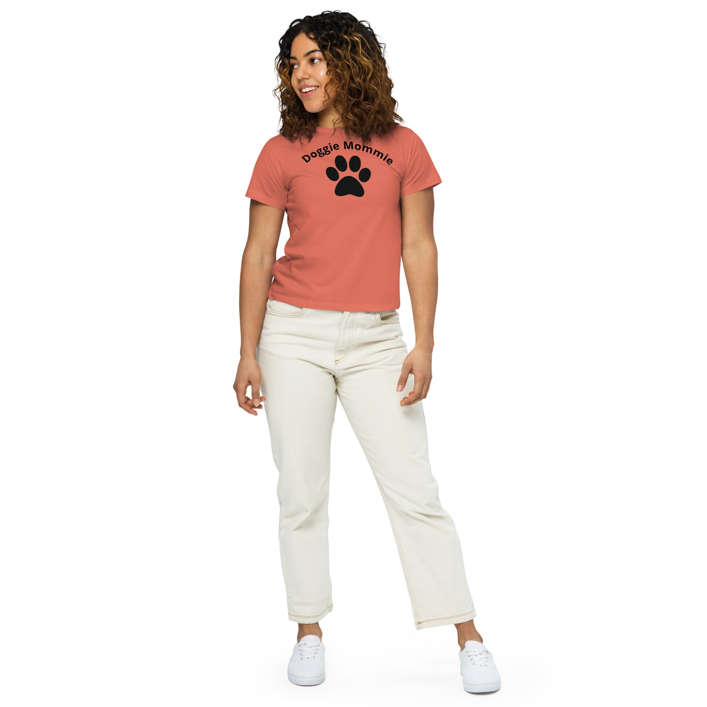 Women's High-Waisted Tee - Premium Cotton Blend with Classic Fit in Pine Green - Comfortable High-Waisted Design with Short Sleeves - Perfect for Casual Wear, Everyday Style and Layering featuring the words Doggie Mommie and a Paw Print - wee b00gie store