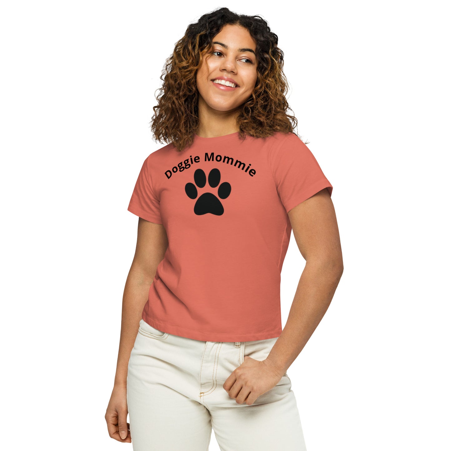 Women's High-Waisted Tee - Premium Cotton Blend with Classic Fit in Pine Green - Comfortable High-Waisted Design with Short Sleeves - Perfect for Casual Wear, Everyday Style and Layering featuring the words Doggie Mommie and a Paw Print - wee b00gie store